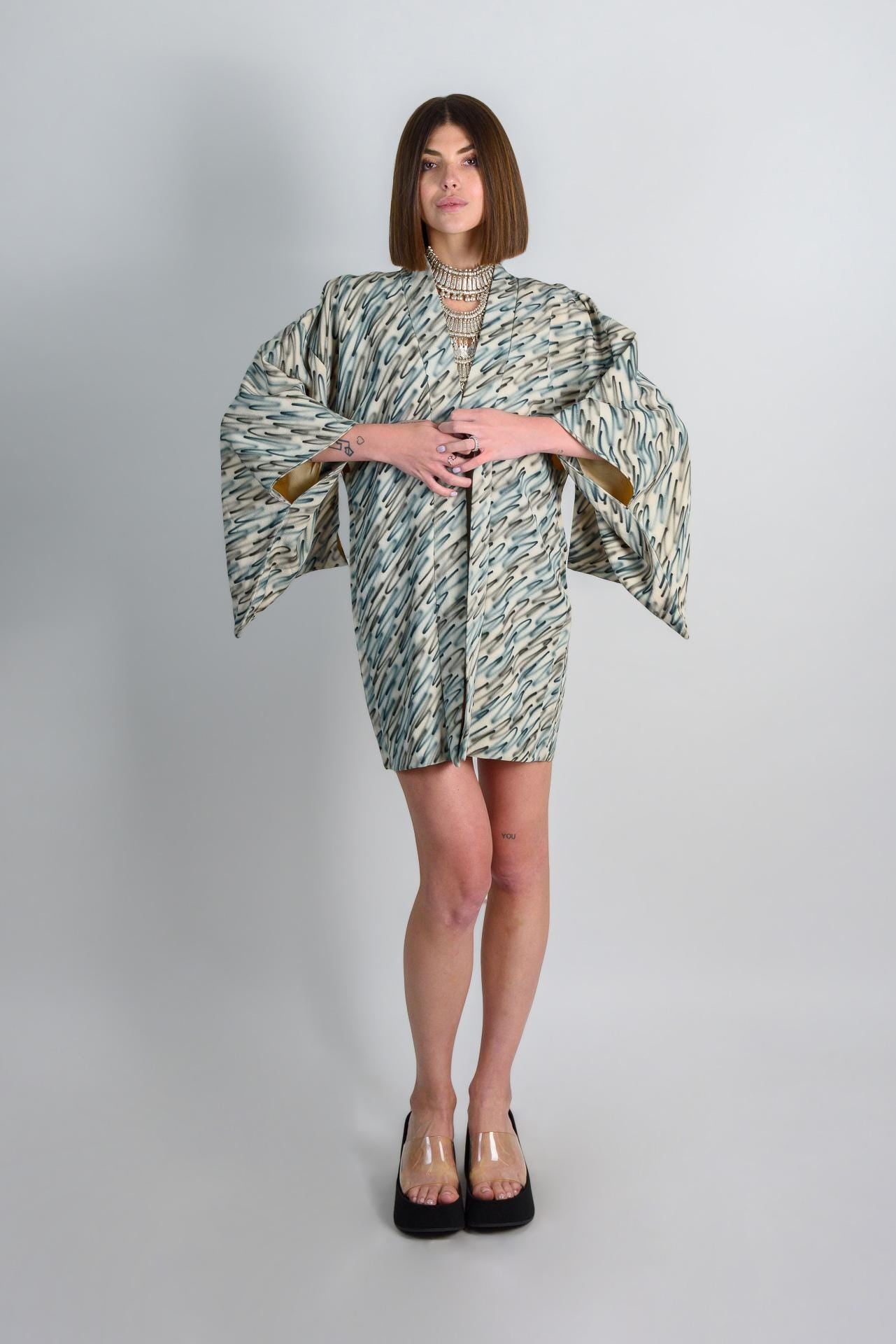 Silk Haori Kimono: Japanese Bohemian Robe, Abstract Brushstroke Jacket