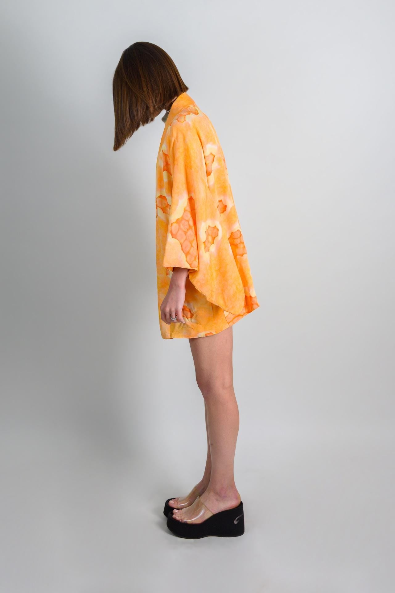 Handmade Silk Haori Kimono: Japanese Robe, Orange Citrus Print