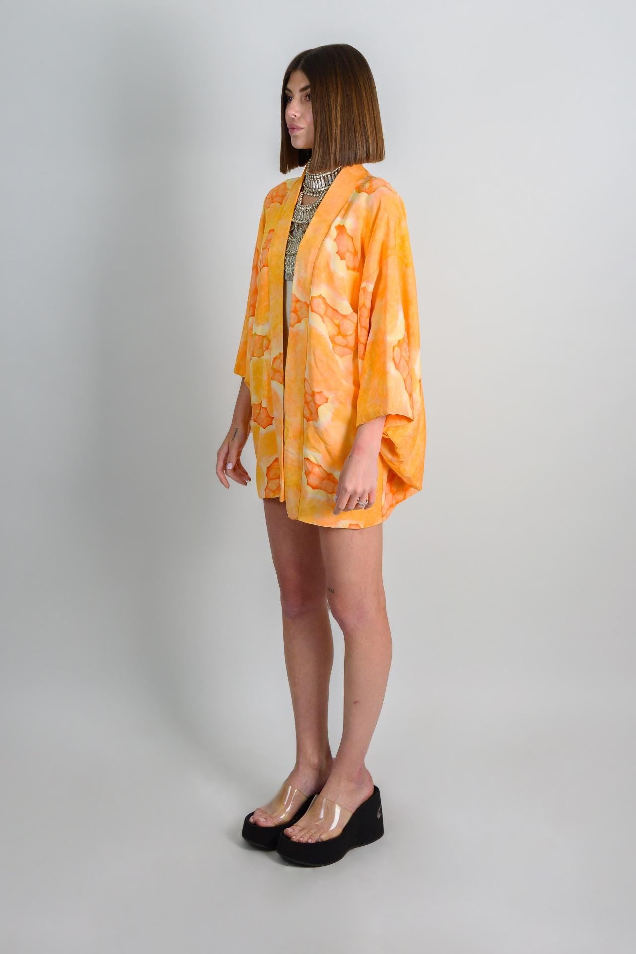 Handmade Silk Haori Kimono: Japanese Robe, Orange Citrus Print