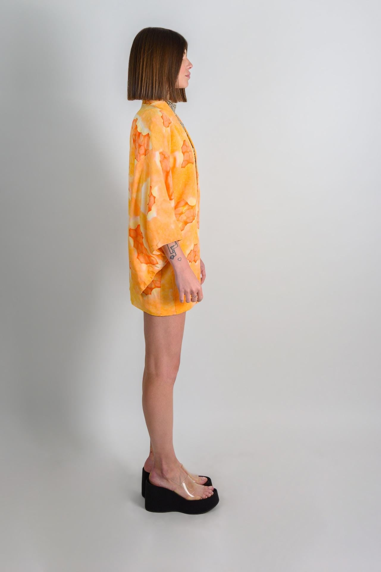 Handmade Silk Haori Kimono: Japanese Robe, Orange Citrus Print