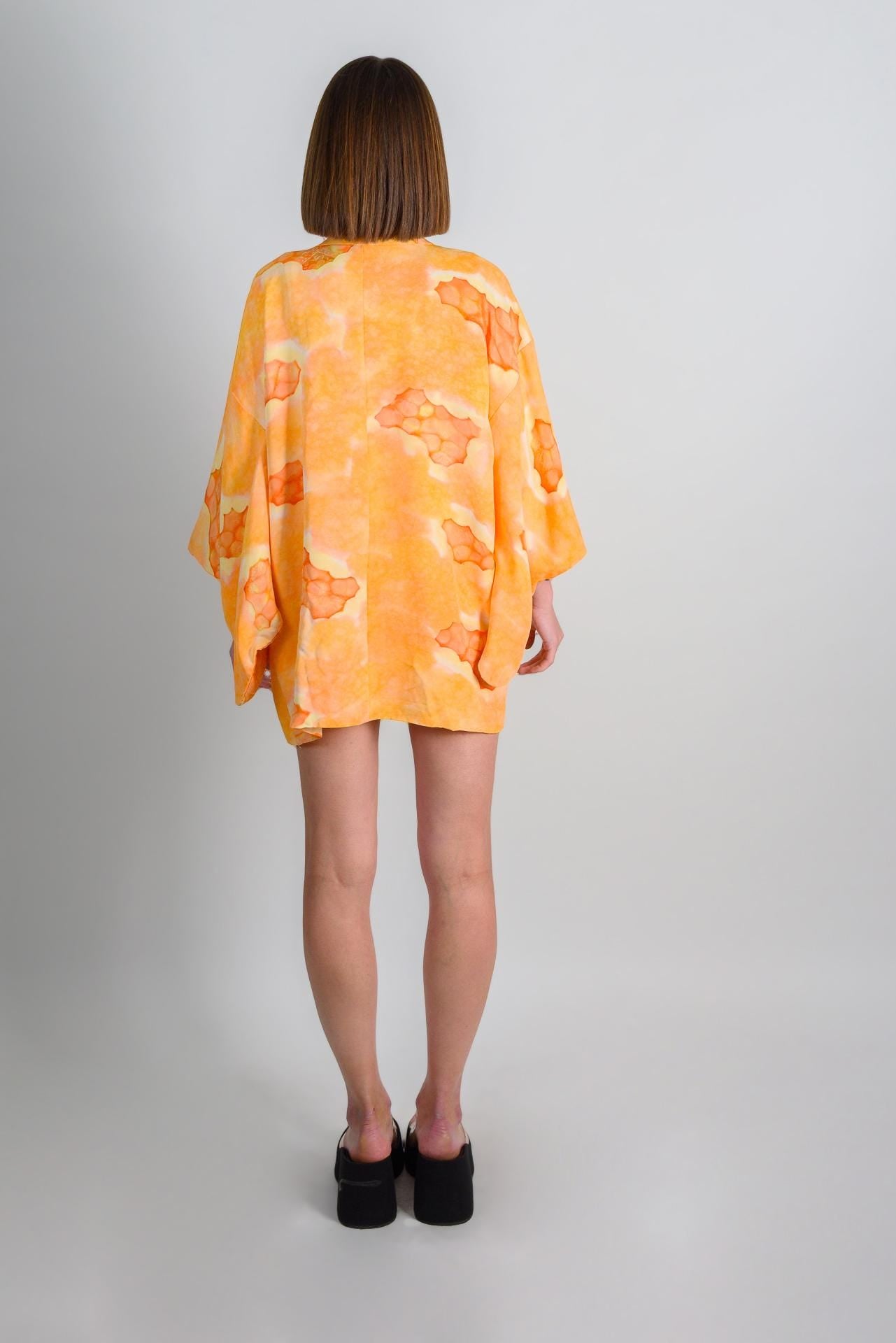 Handmade Silk Haori Kimono: Japanese Robe, Orange Citrus Print