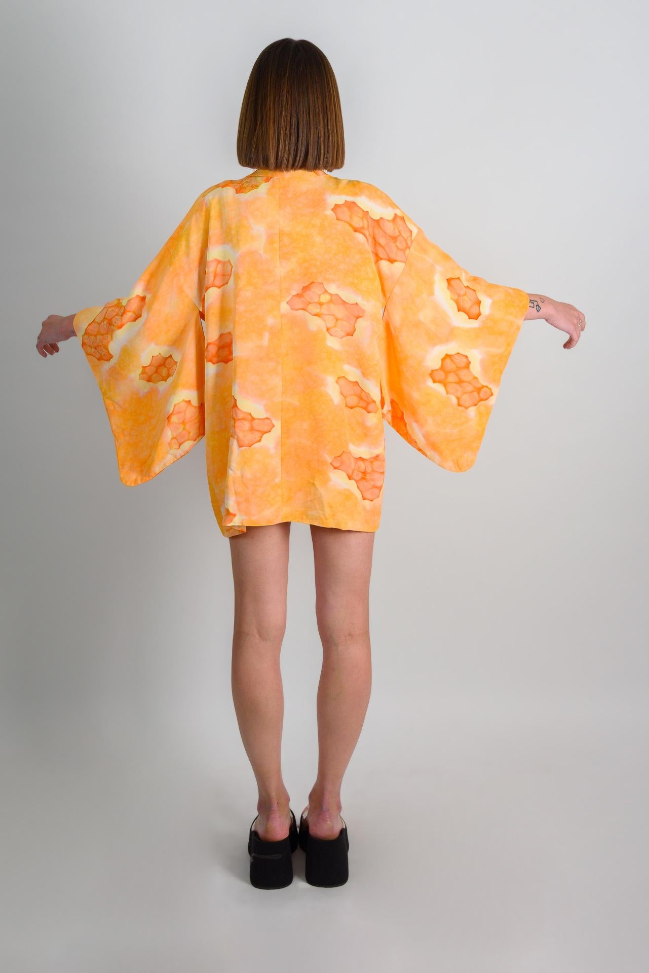 Handmade Silk Haori Kimono: Japanese Robe, Orange Citrus Print