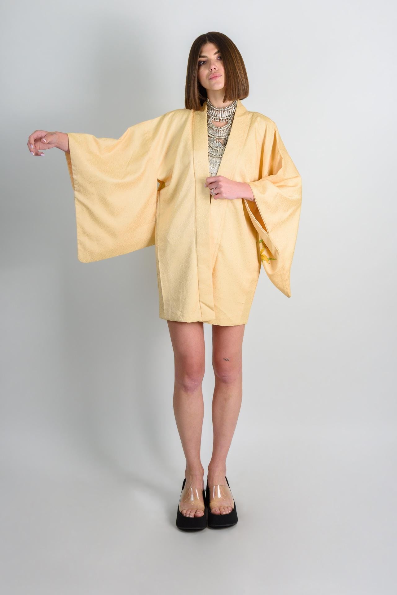Vintage Silk Haori: Japanese Kimono Robe, Hand-Painted Lilies
