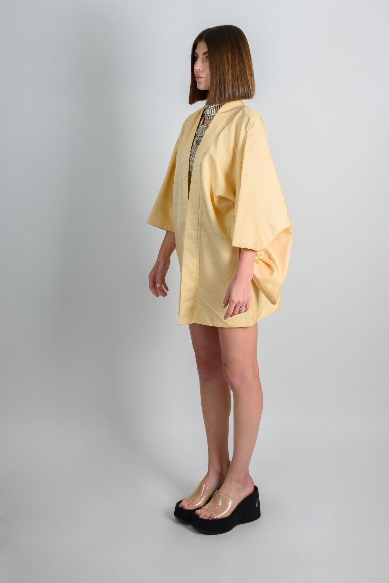 Vintage Silk Haori: Japanese Kimono Robe, Hand-Painted Lilies