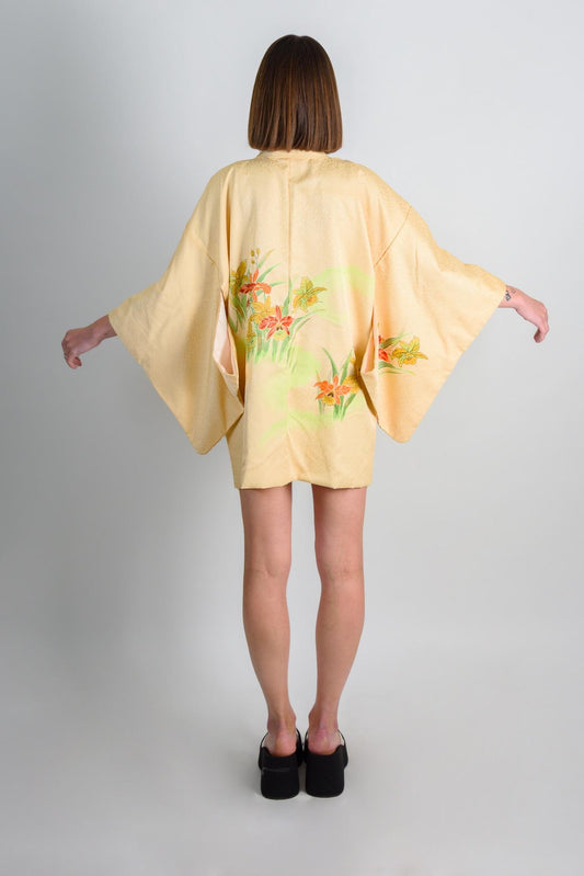 Vintage Silk Haori: Japanese Kimono Robe, Hand-Painted Lilies