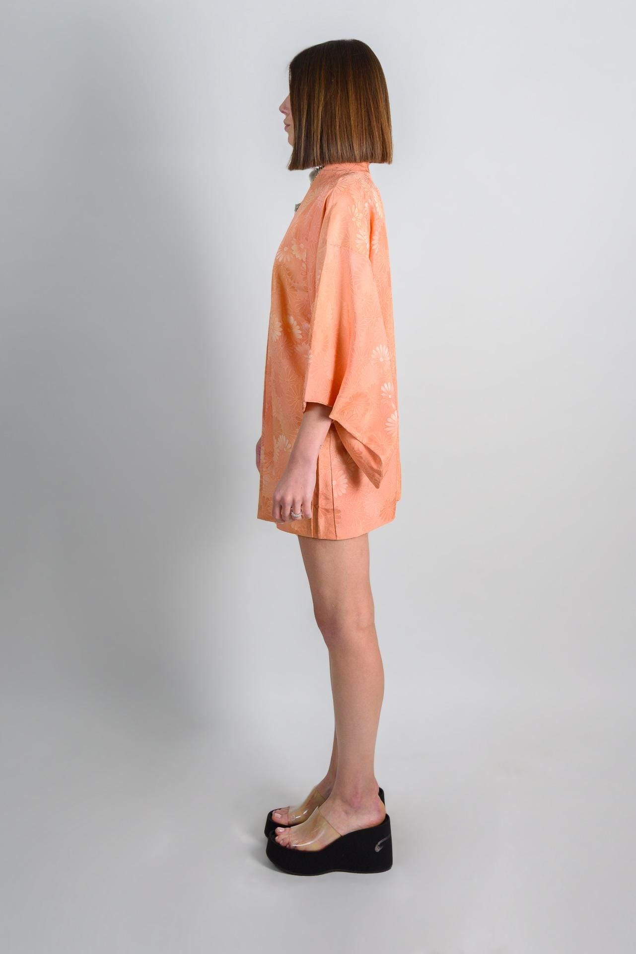 Peach Silk Haori Kimono: Japanese Floral Jacket