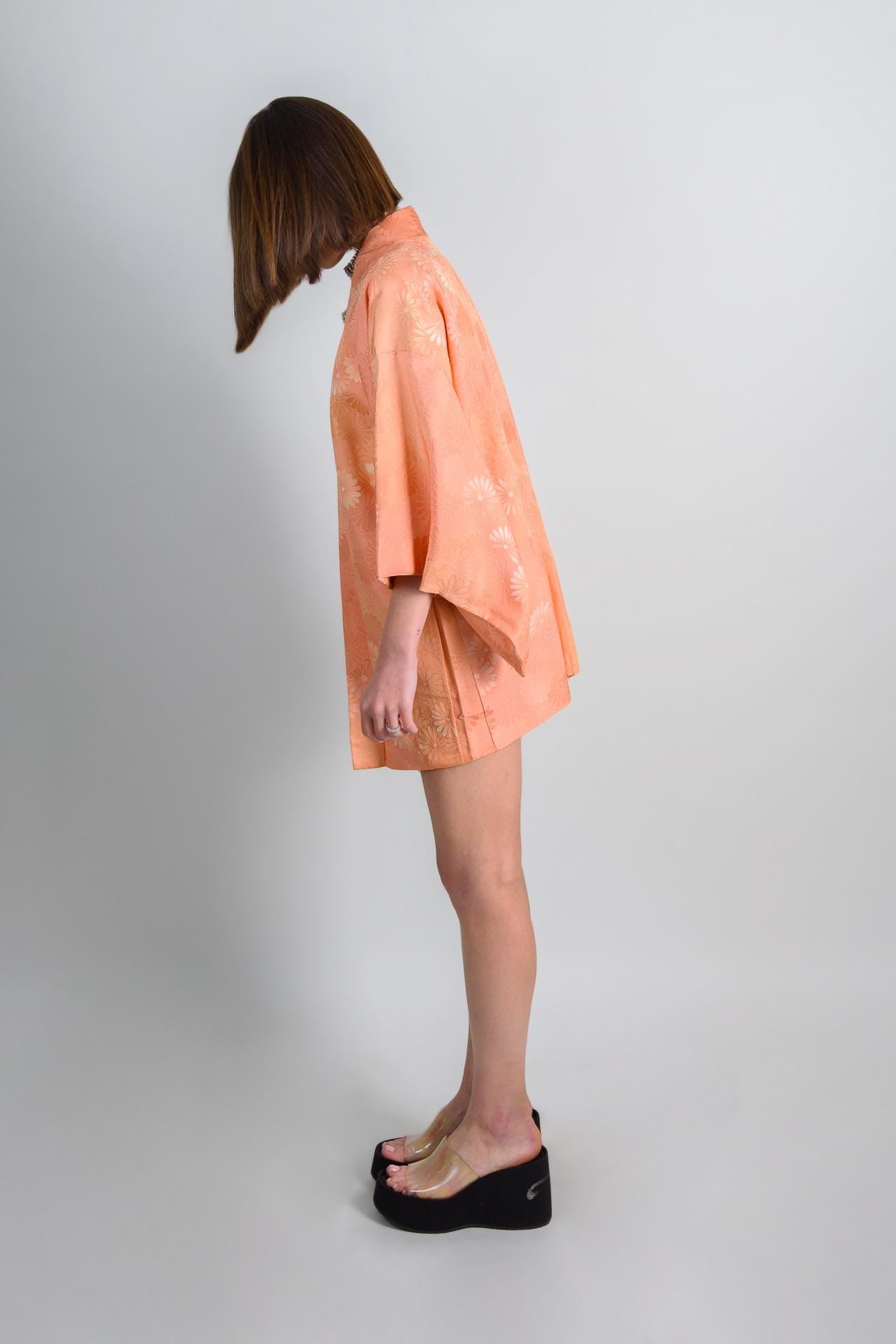 Peach Silk Haori Kimono: Japanese Floral Jacket