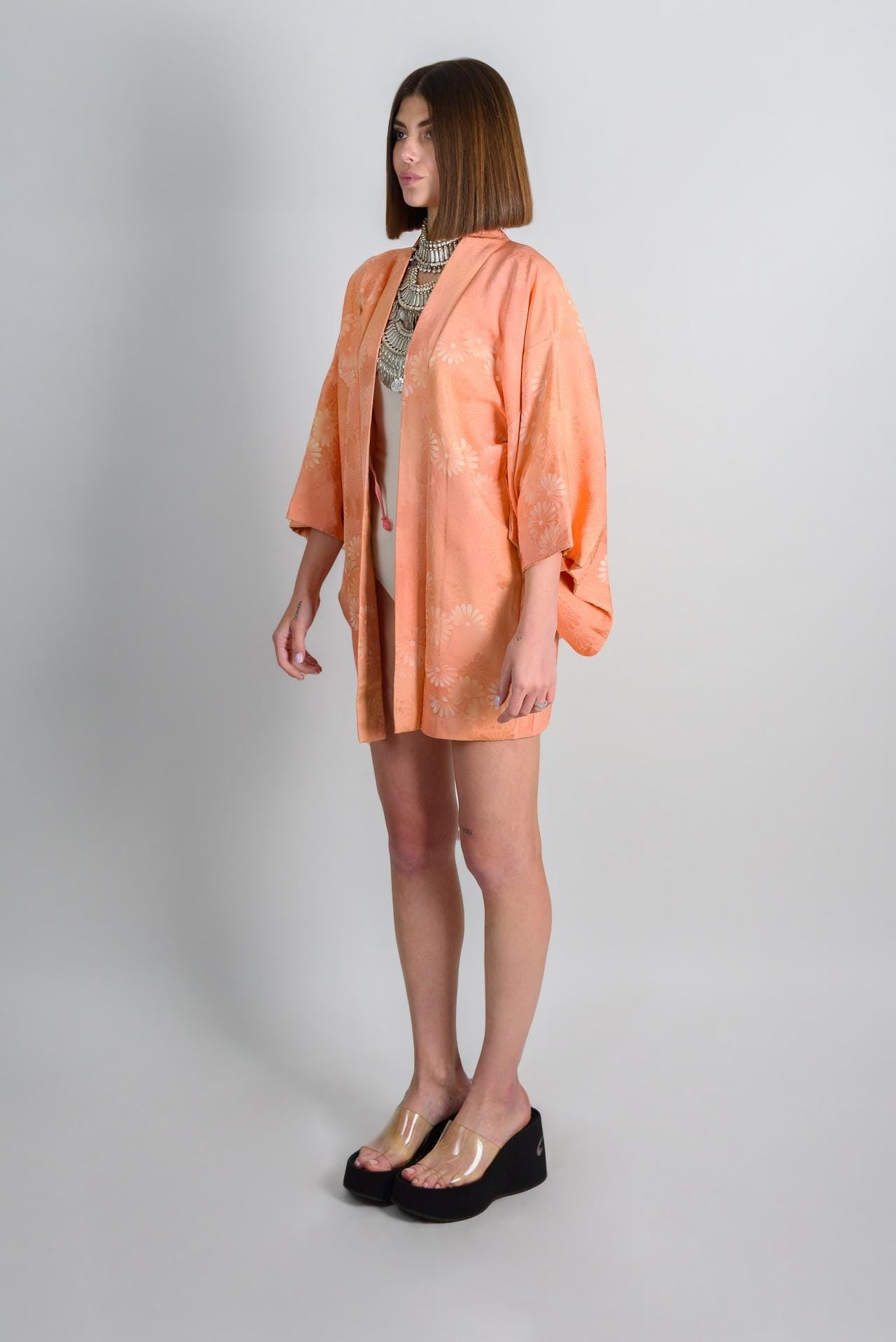 Peach Silk Haori Kimono: Japanese Floral Jacket