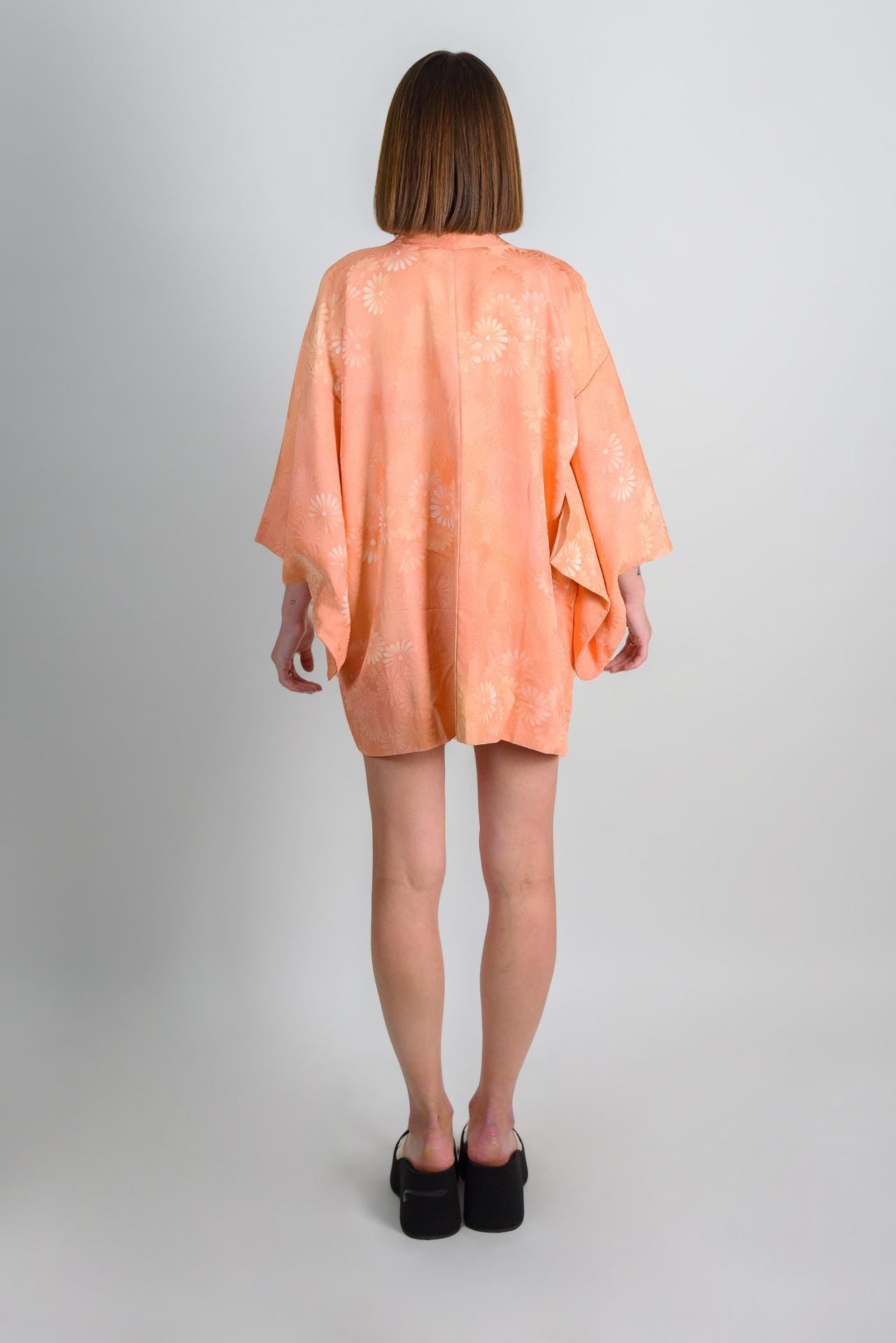 Peach Silk Haori Kimono: Japanese Floral Jacket