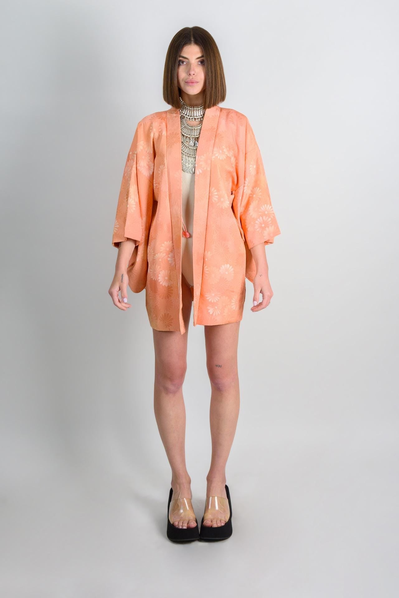 Peach Silk Haori Kimono: Japanese Floral Jacket