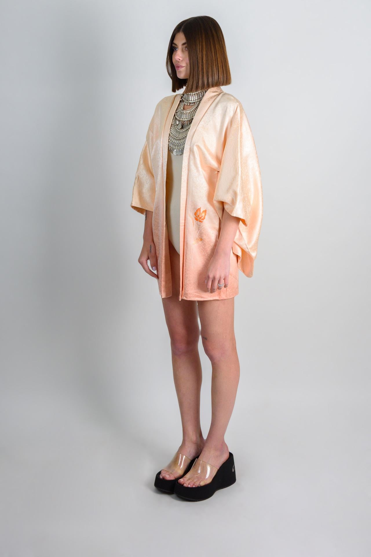 Peach Silk Haori Kimono: Vintage Japanese Robe, Floral Rinzu Pattern