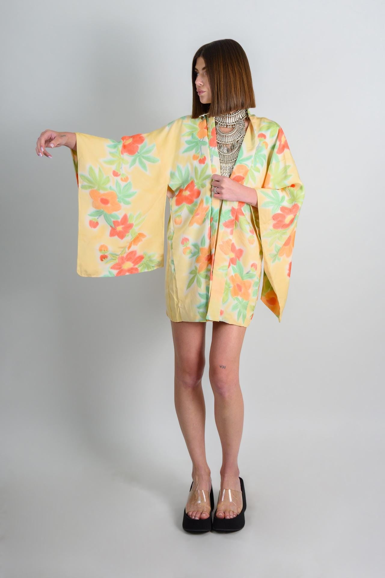 Handmade Silk Floral Haori: Japanese Boho Kimono Robe
