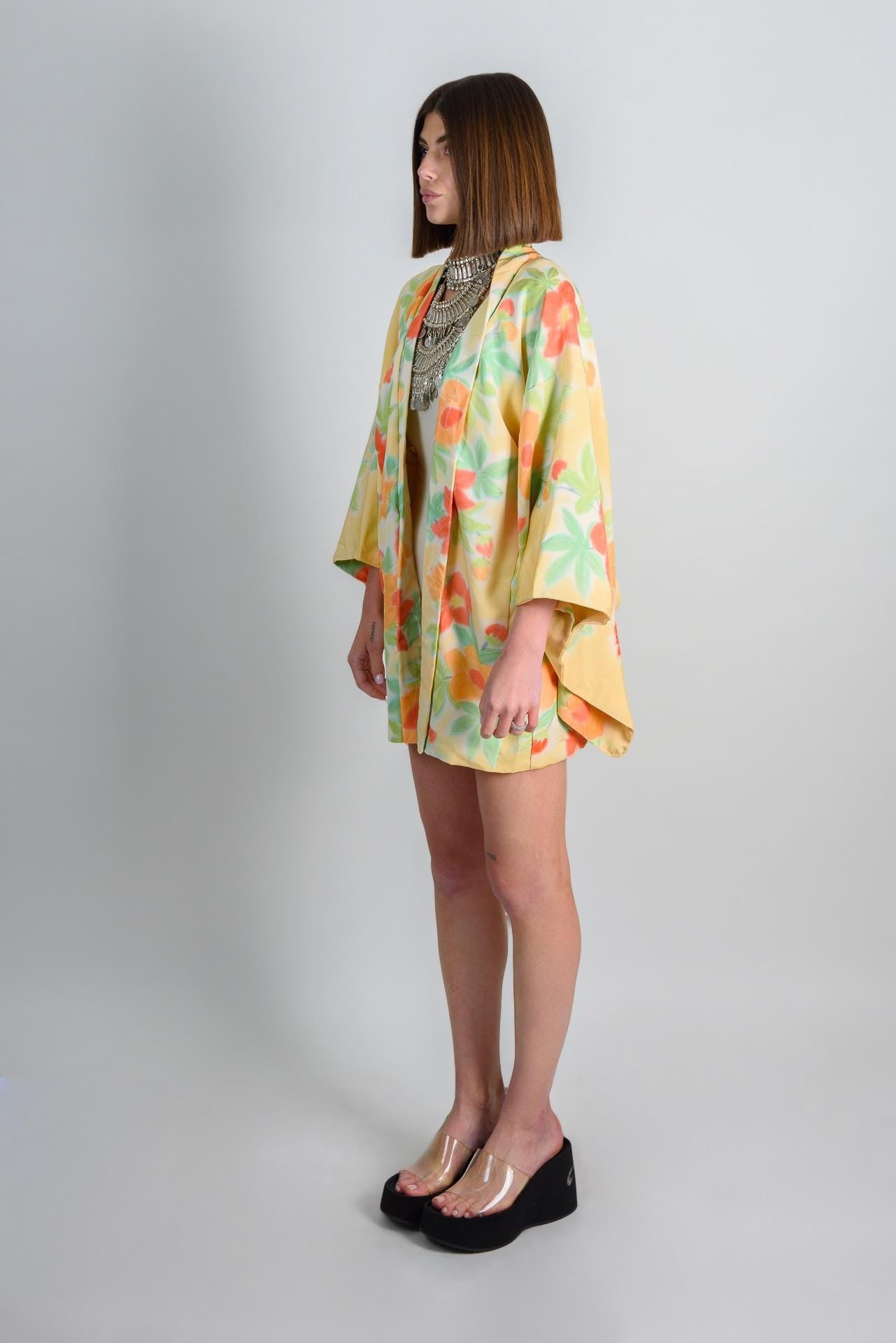 Handmade Silk Floral Haori: Japanese Boho Kimono Robe