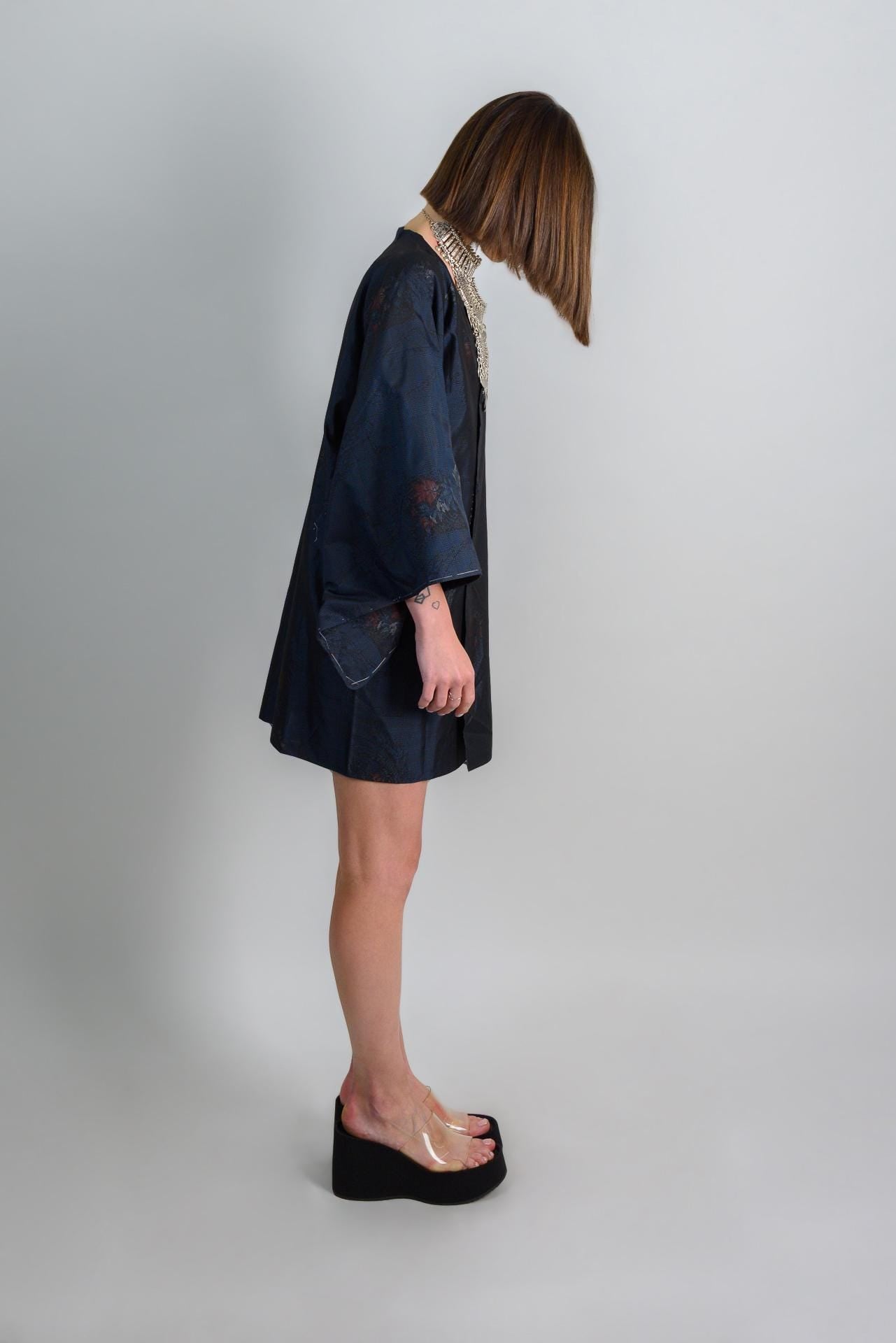 Silk Kimono Robe | Midnight Lotus Dark Boho Haori, Handmade in Japan