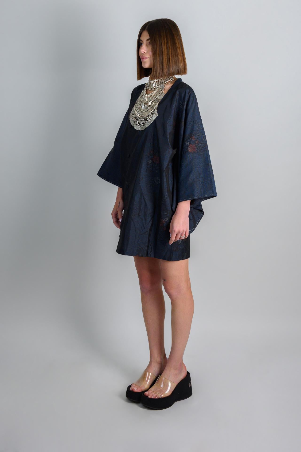 Silk Kimono Robe | Midnight Lotus Dark Boho Haori, Handmade in Japan