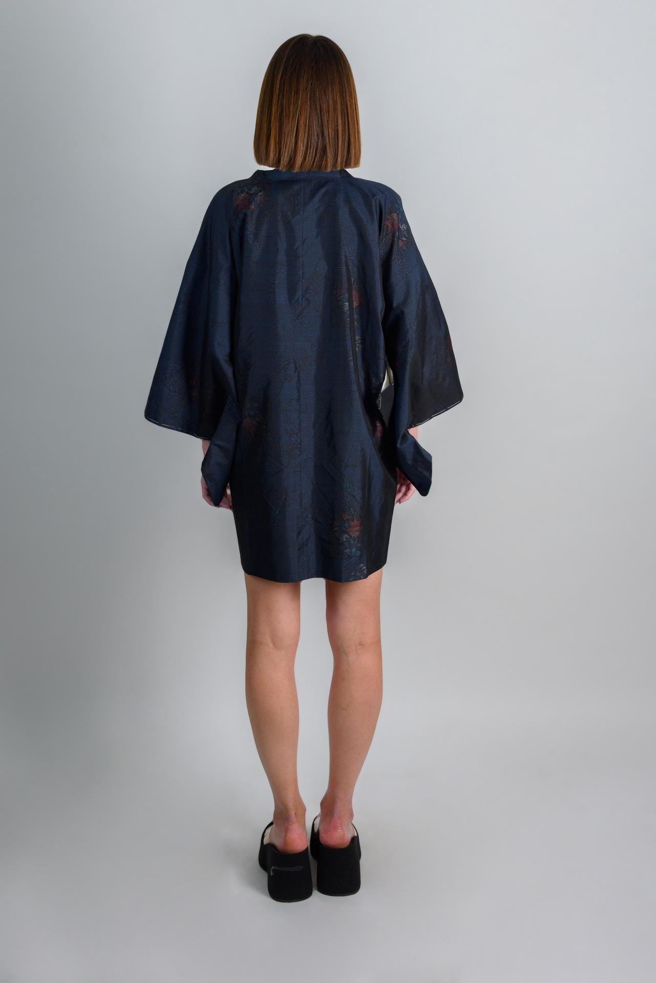 Silk Kimono Robe | Midnight Lotus Dark Boho Haori, Handmade in Japan