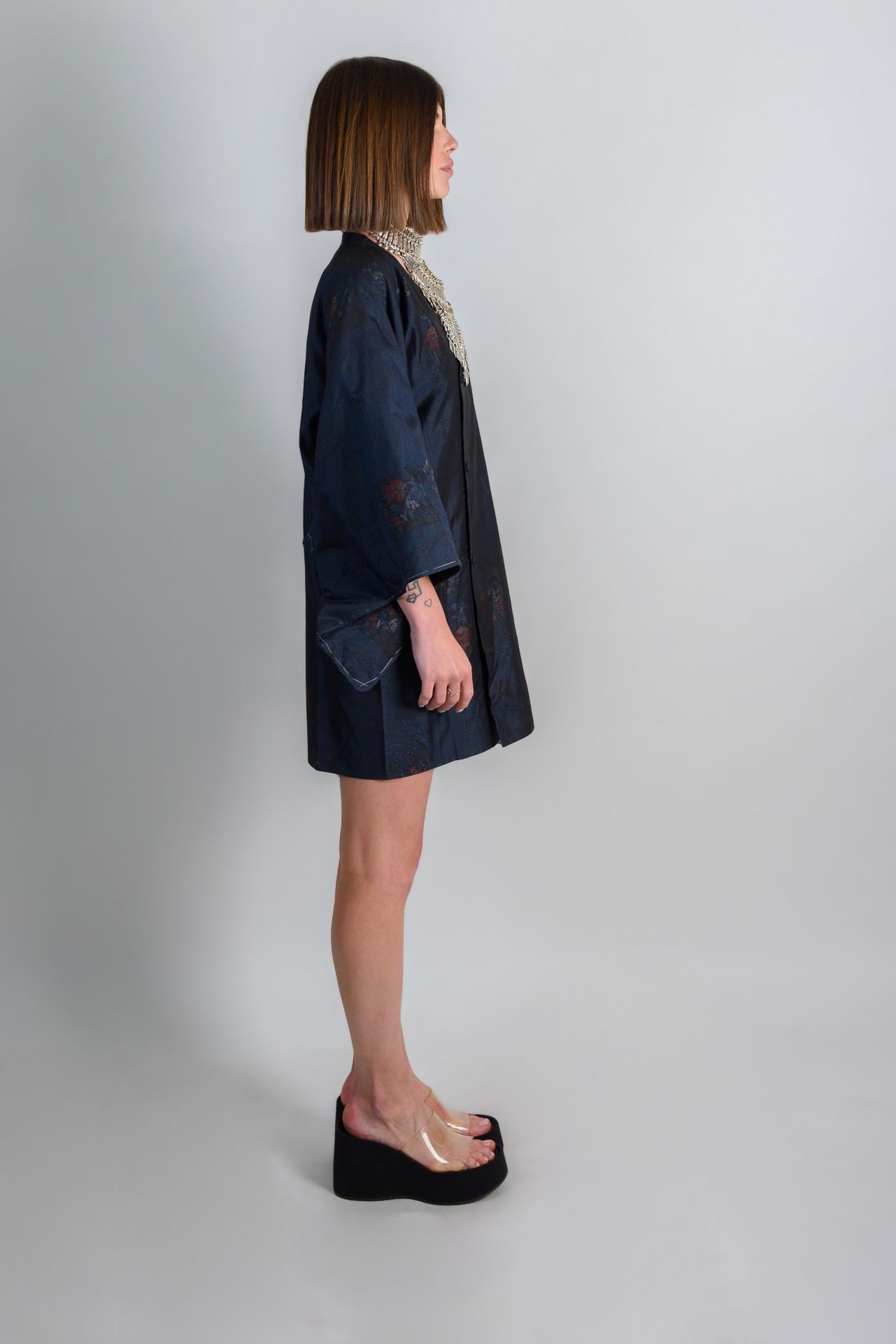Silk Kimono Robe | Midnight Lotus Dark Boho Haori, Handmade in Japan