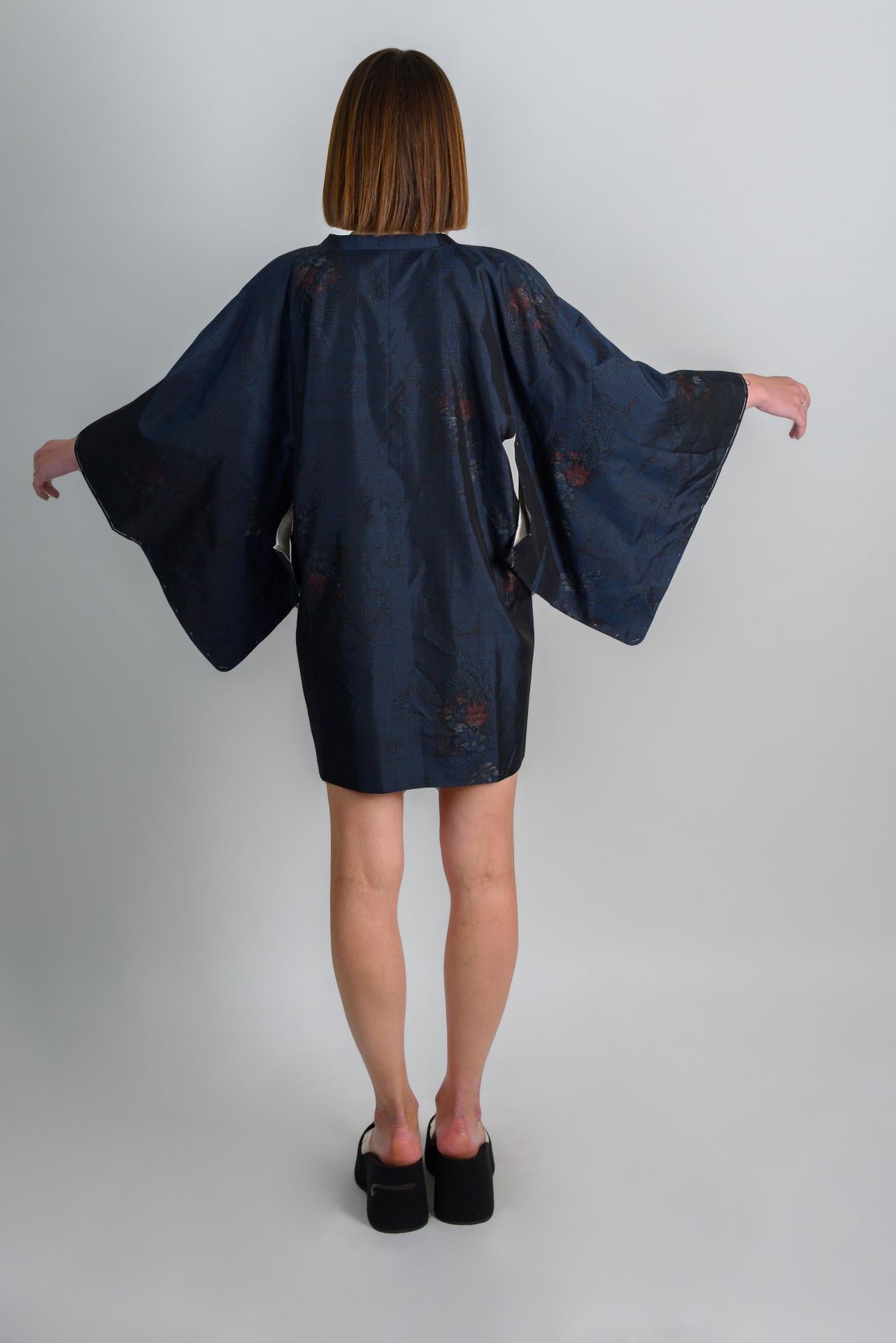 Silk Kimono Robe | Midnight Lotus Dark Boho Haori, Handmade in Japan