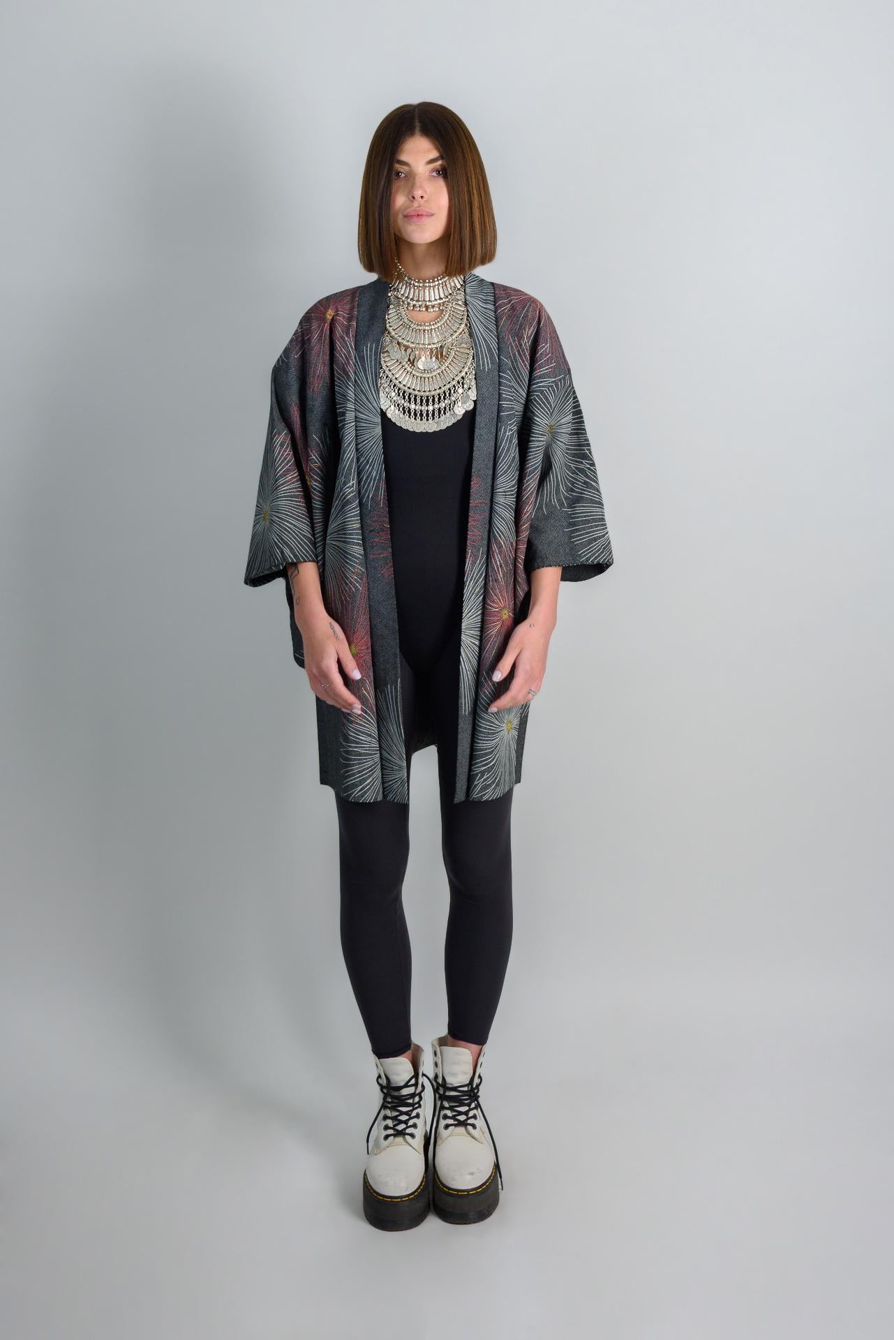 Silk Kimono Haori: Japanese Firework Festival Robe