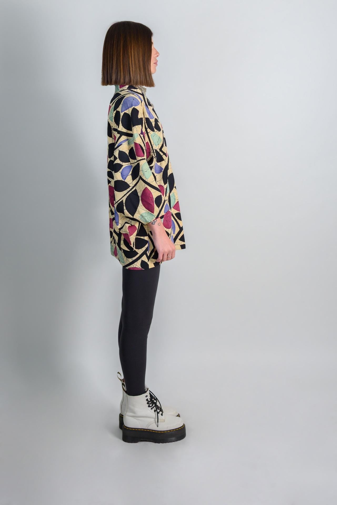 Vintage Silk Haori: Japanese Kimono Jacket, Abstract Leaf Print