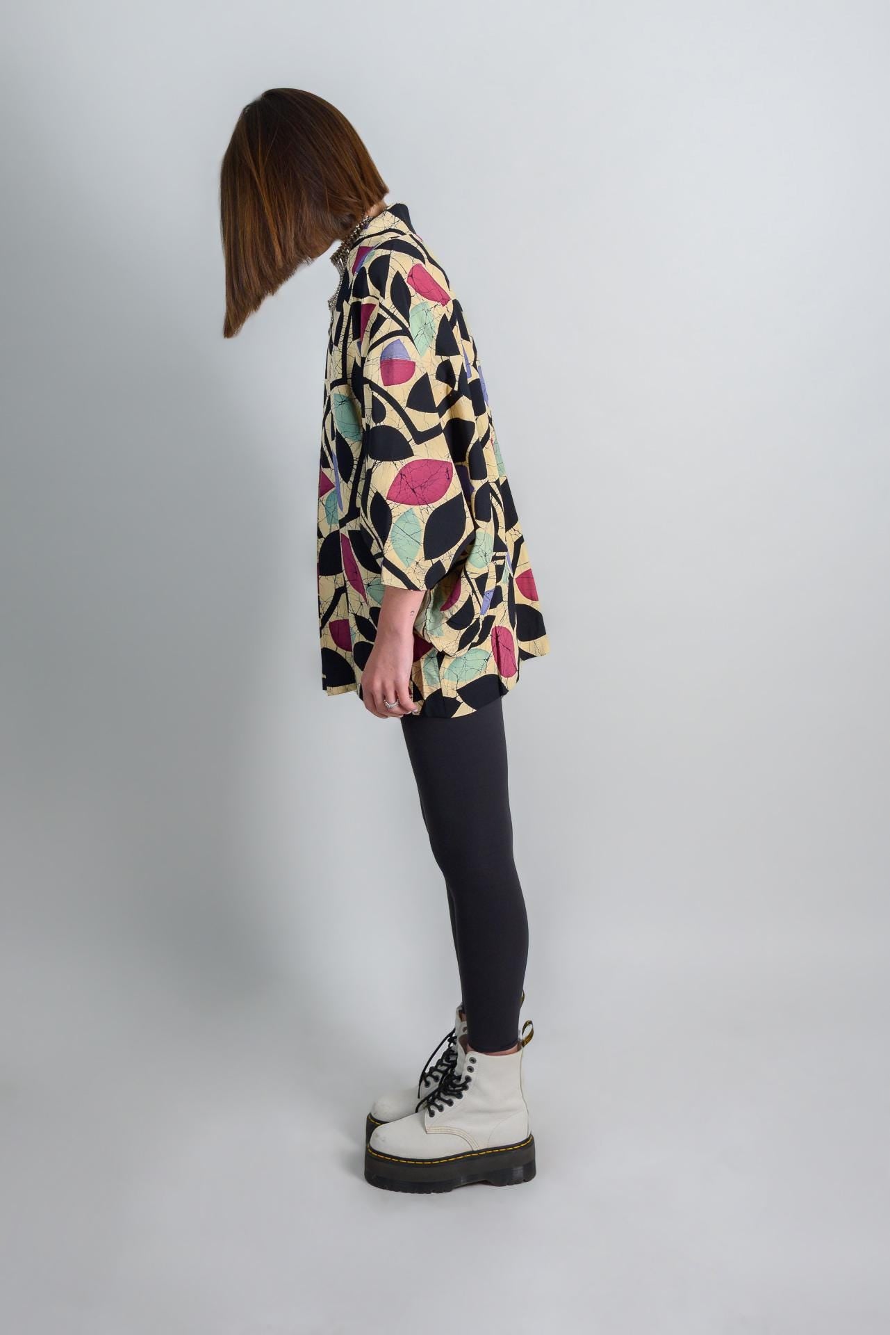 Vintage Silk Haori: Japanese Kimono Jacket, Abstract Leaf Print
