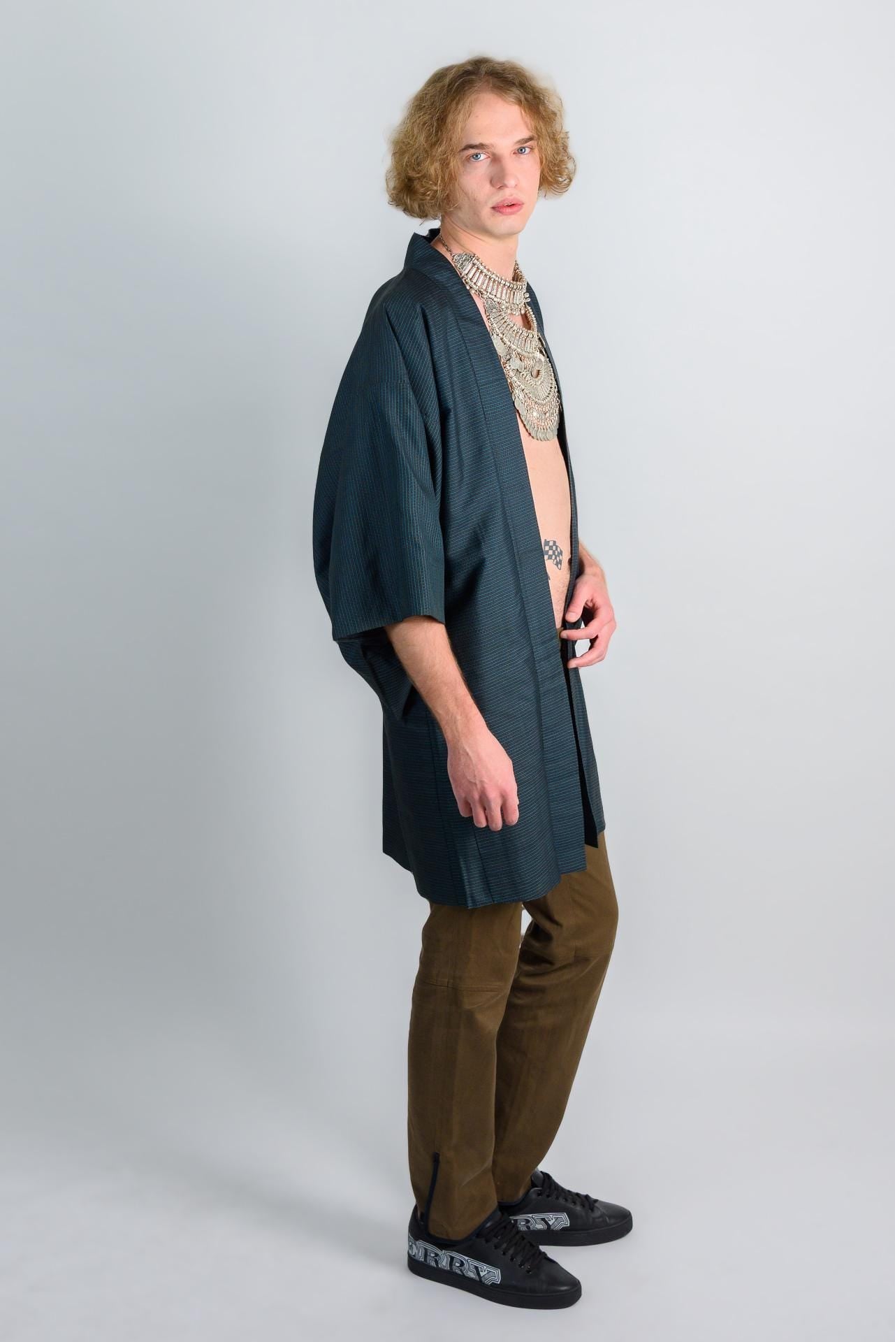 Midnight Grid Kimono (着物 – kimono) – Japanese Men’s Haori in Deep Teal Check