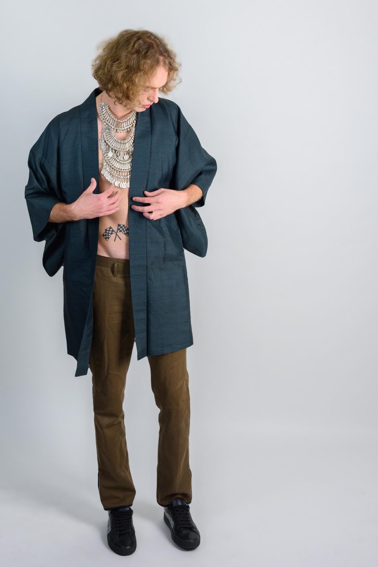Midnight Grid Kimono (着物 – kimono) – Japanese Men’s Haori in Deep Teal Check