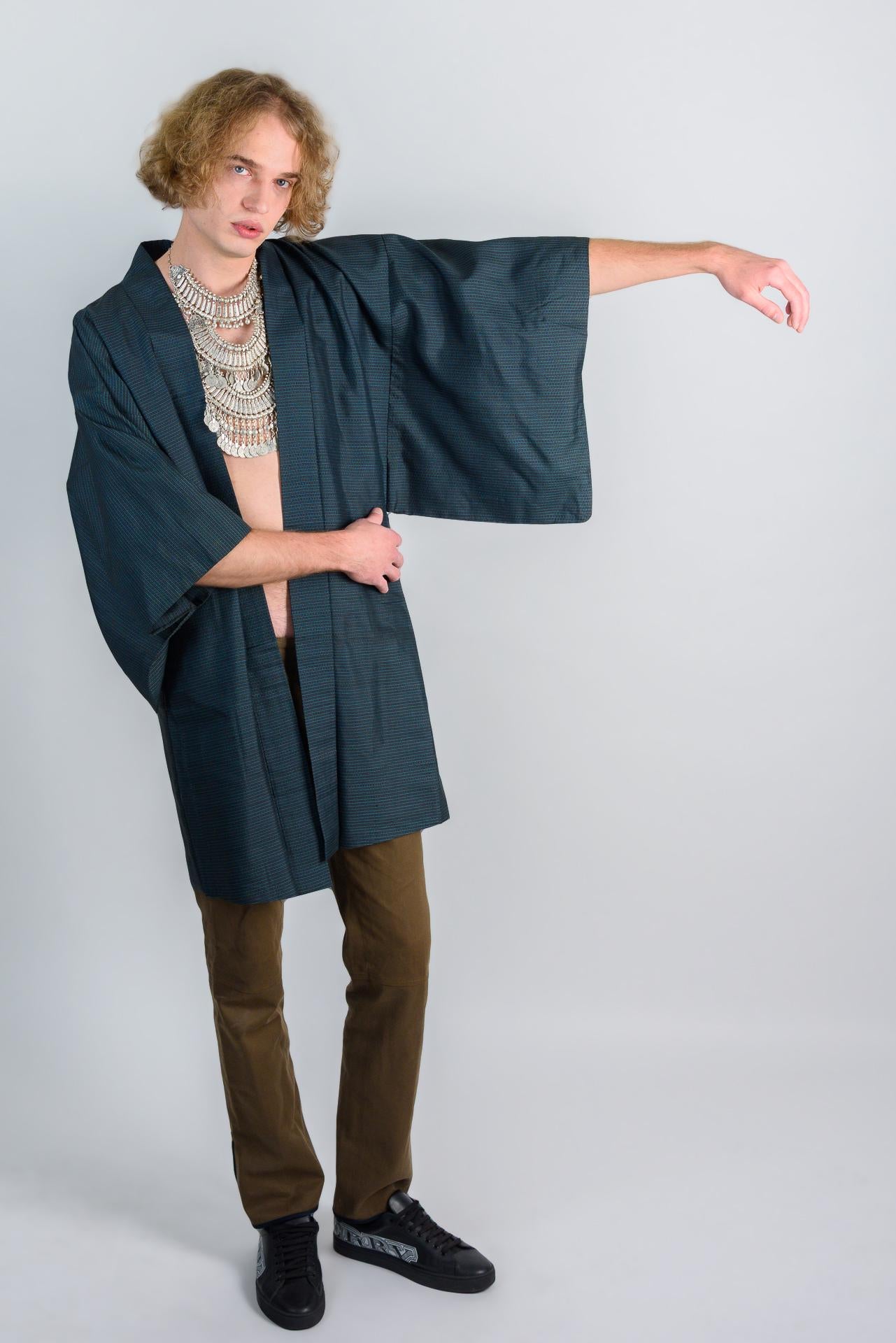 Midnight Grid Kimono (着物 – kimono) – Japanese Men’s Haori in Deep Teal Check