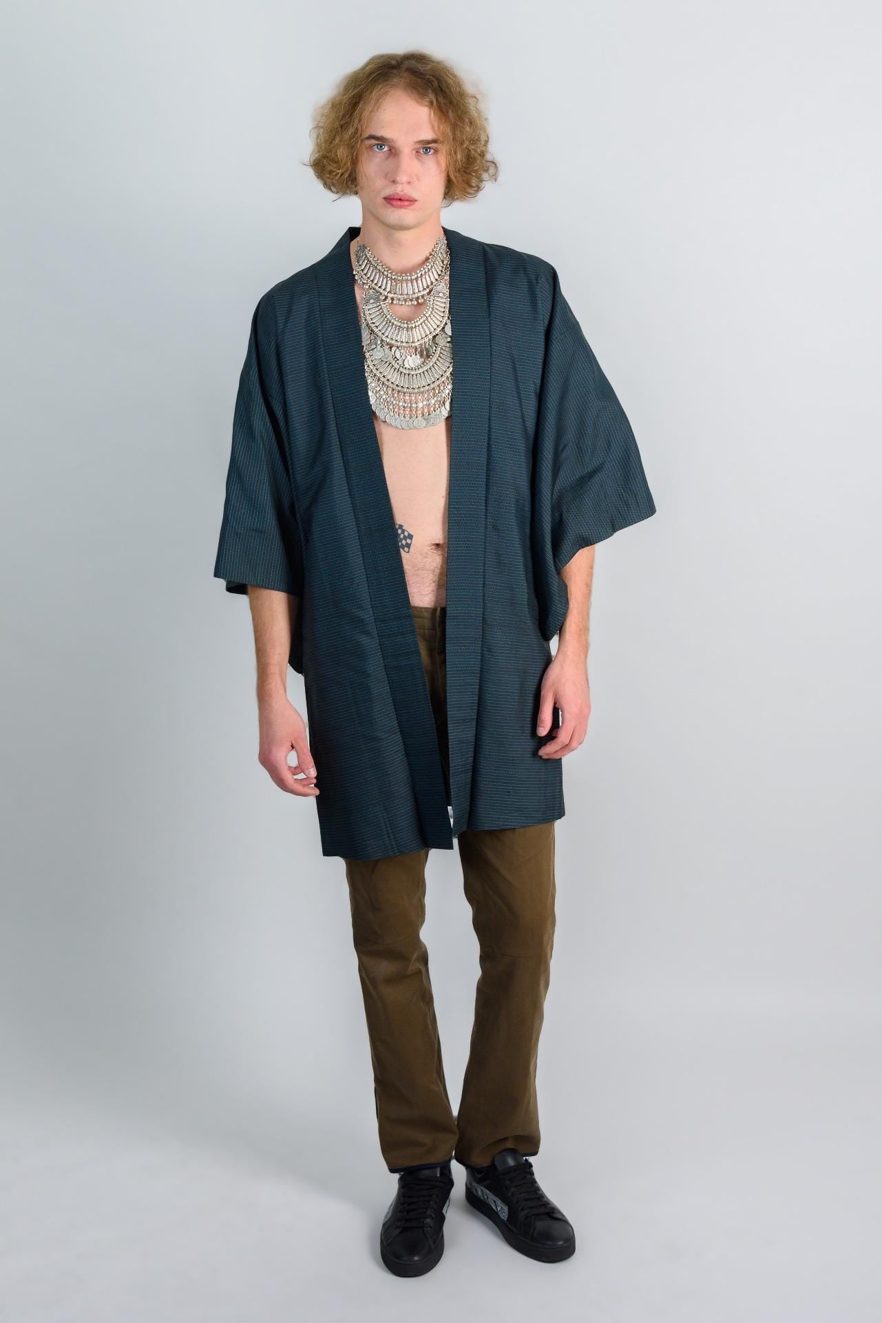 Midnight Grid Kimono (着物 – kimono) – Japanese Men’s Haori in Deep Teal Check