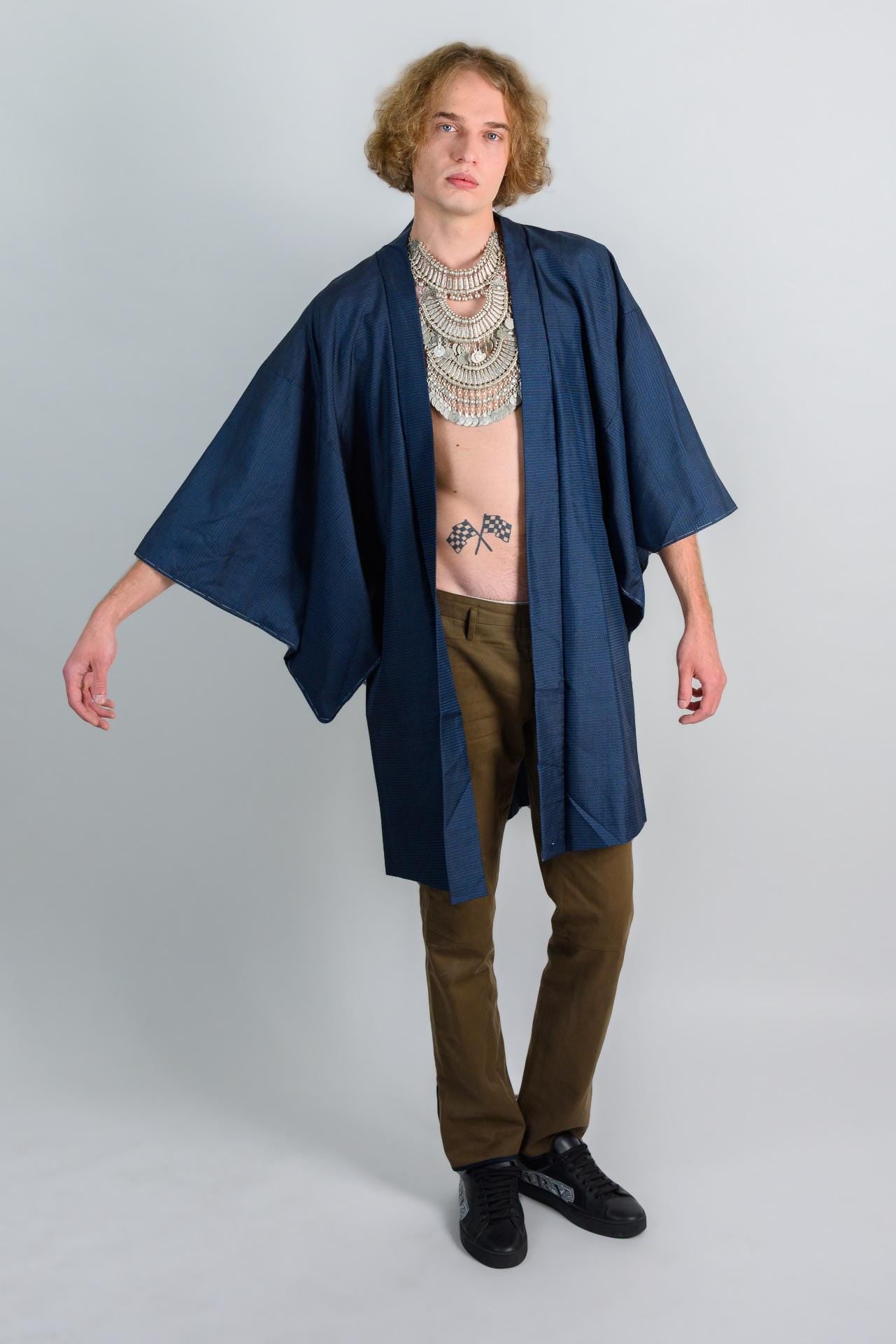 Handmade Japanese Indigo Haori Kimono - Textured Weave Mens Jacket