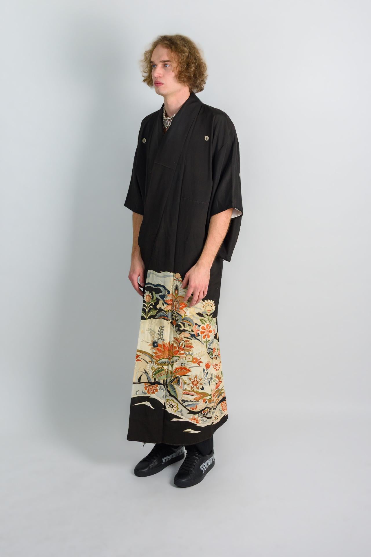 Floral Storm Montsuki Kimono: Japanese Mens Boho Robe