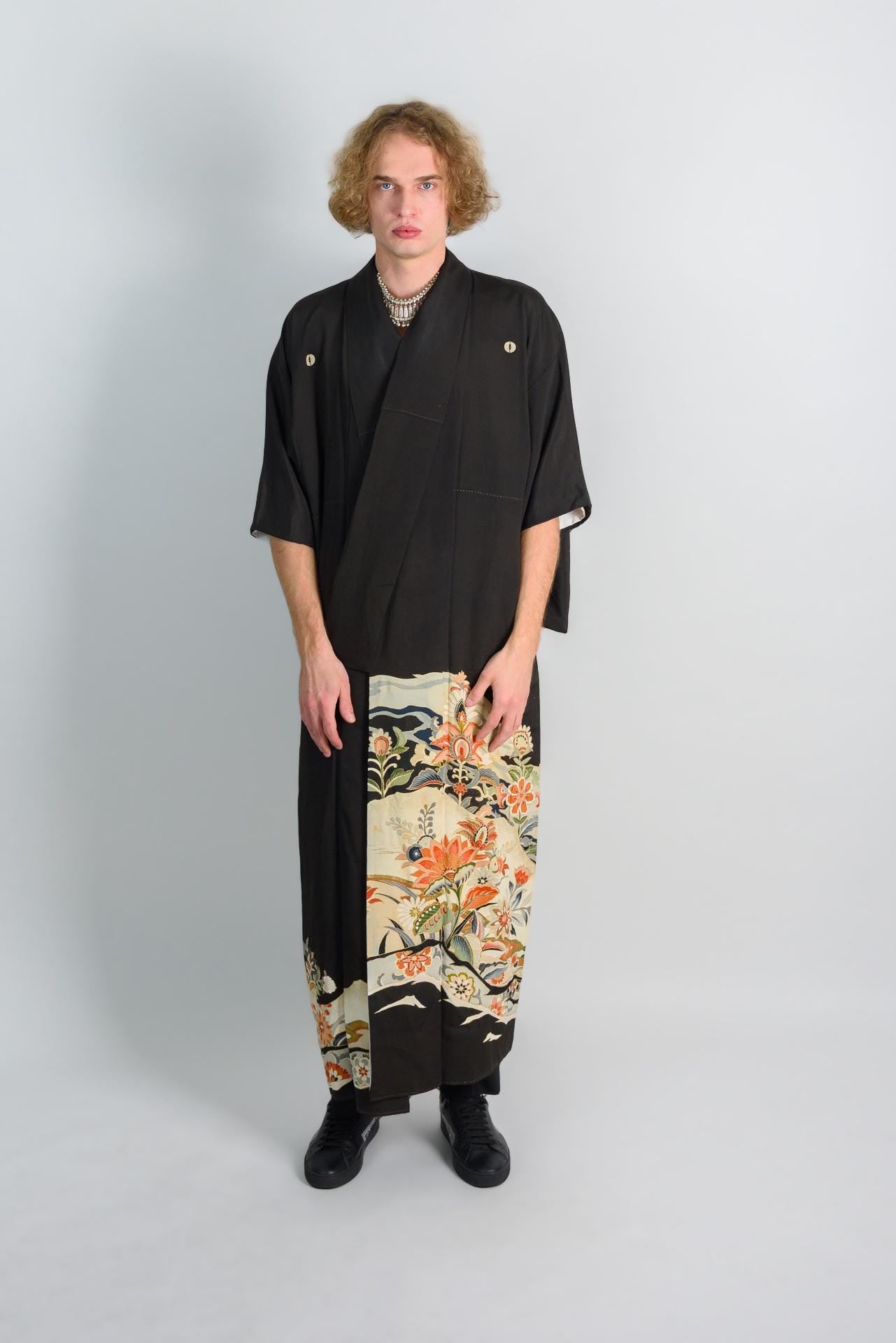 Floral Storm Montsuki Kimono: Japanese Mens Boho Robe