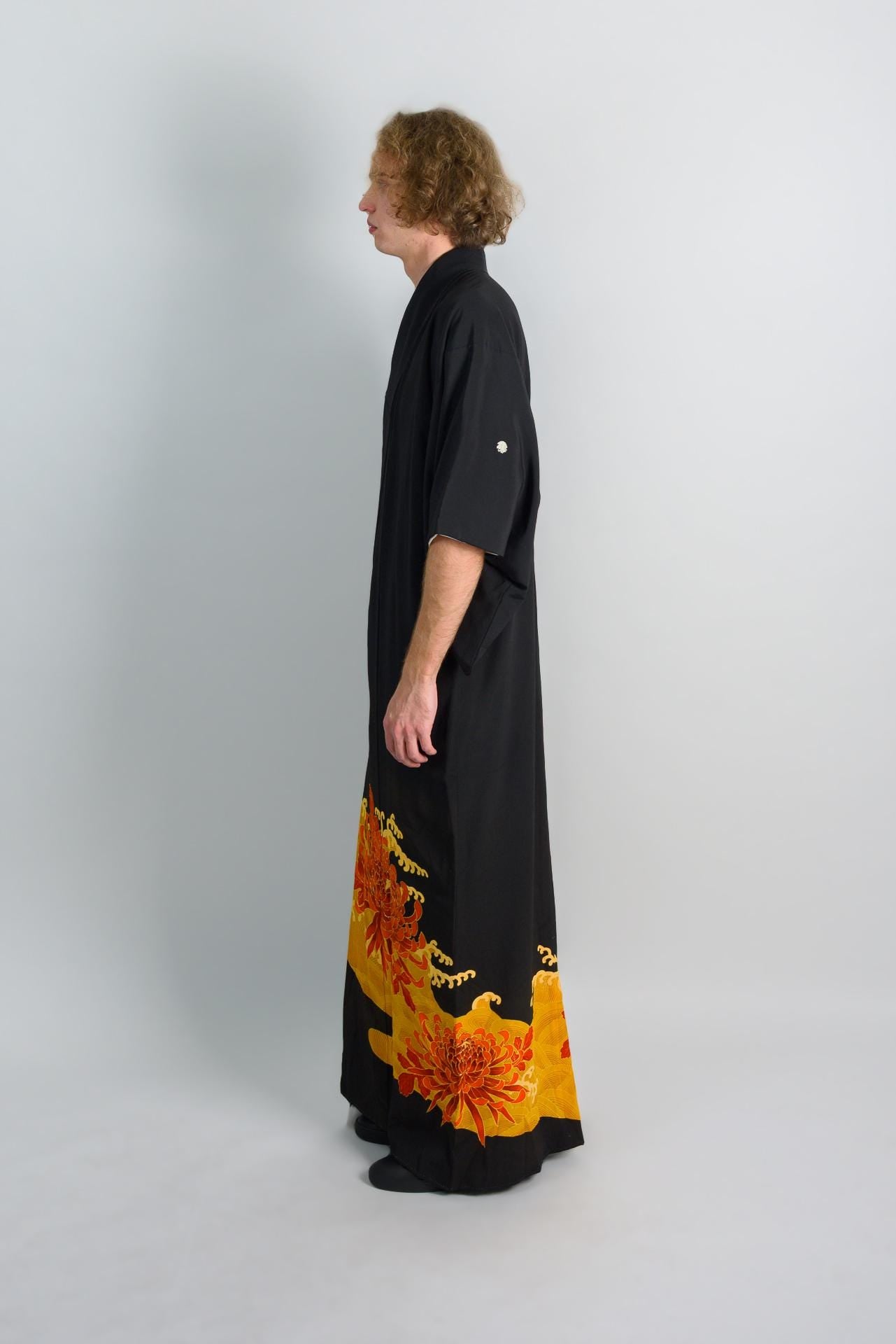 Handmade Japanese Montsuki Kimono | Fire Bloom Print Formal Robe
