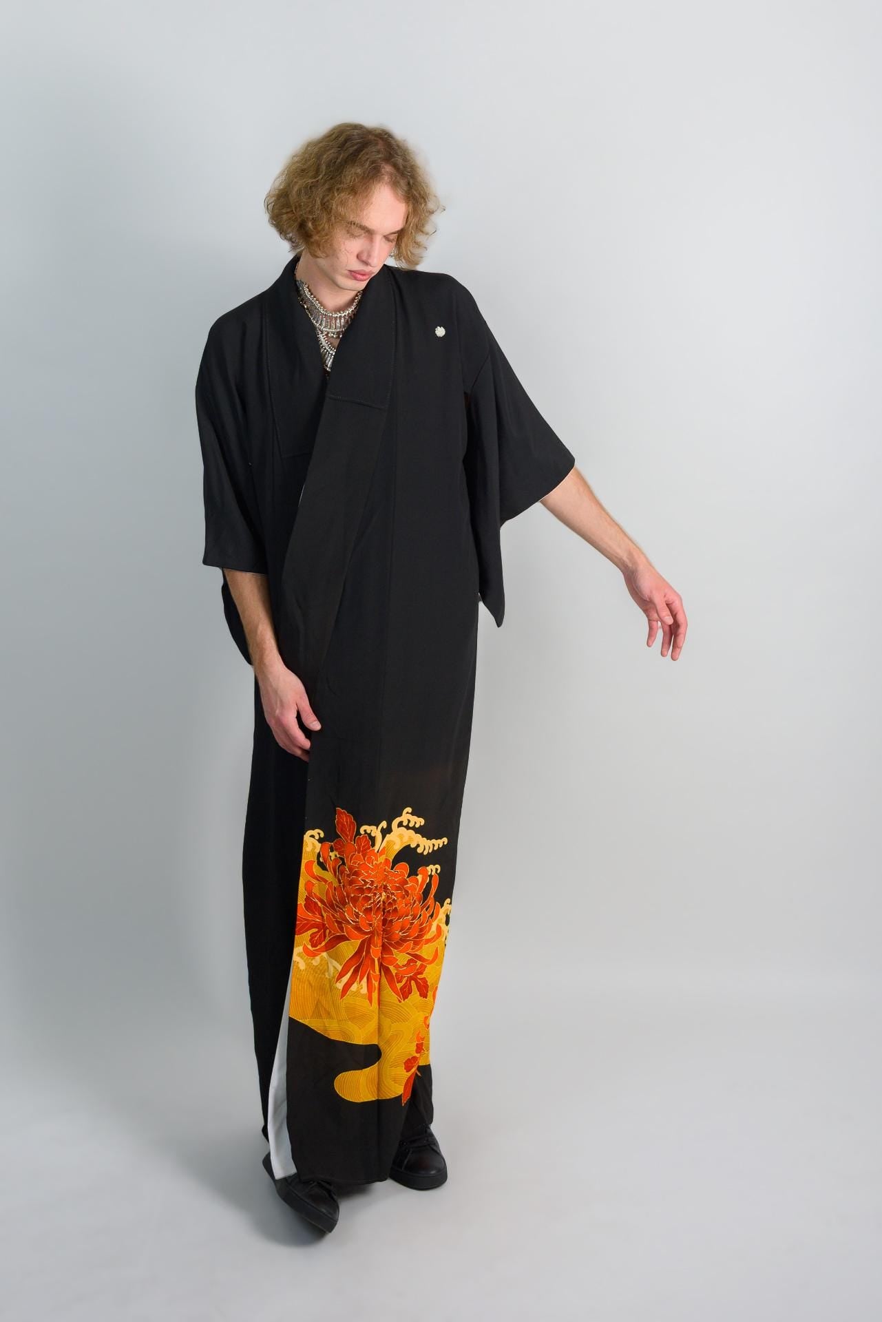 Handmade Japanese Montsuki Kimono | Fire Bloom Print Formal Robe