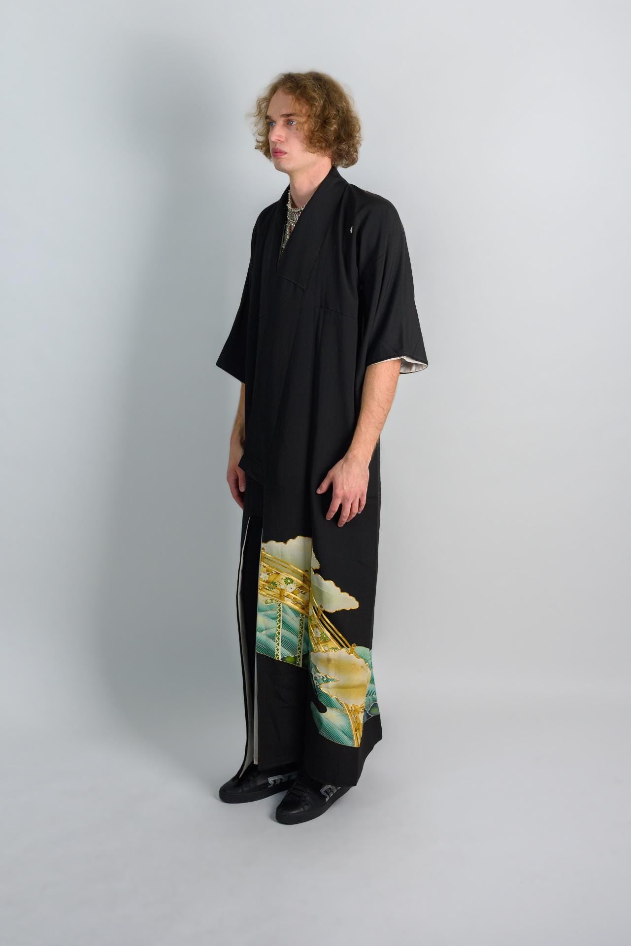 Handmade Japanese Kimono Robe: Celestial Bridge, Painted Landscape