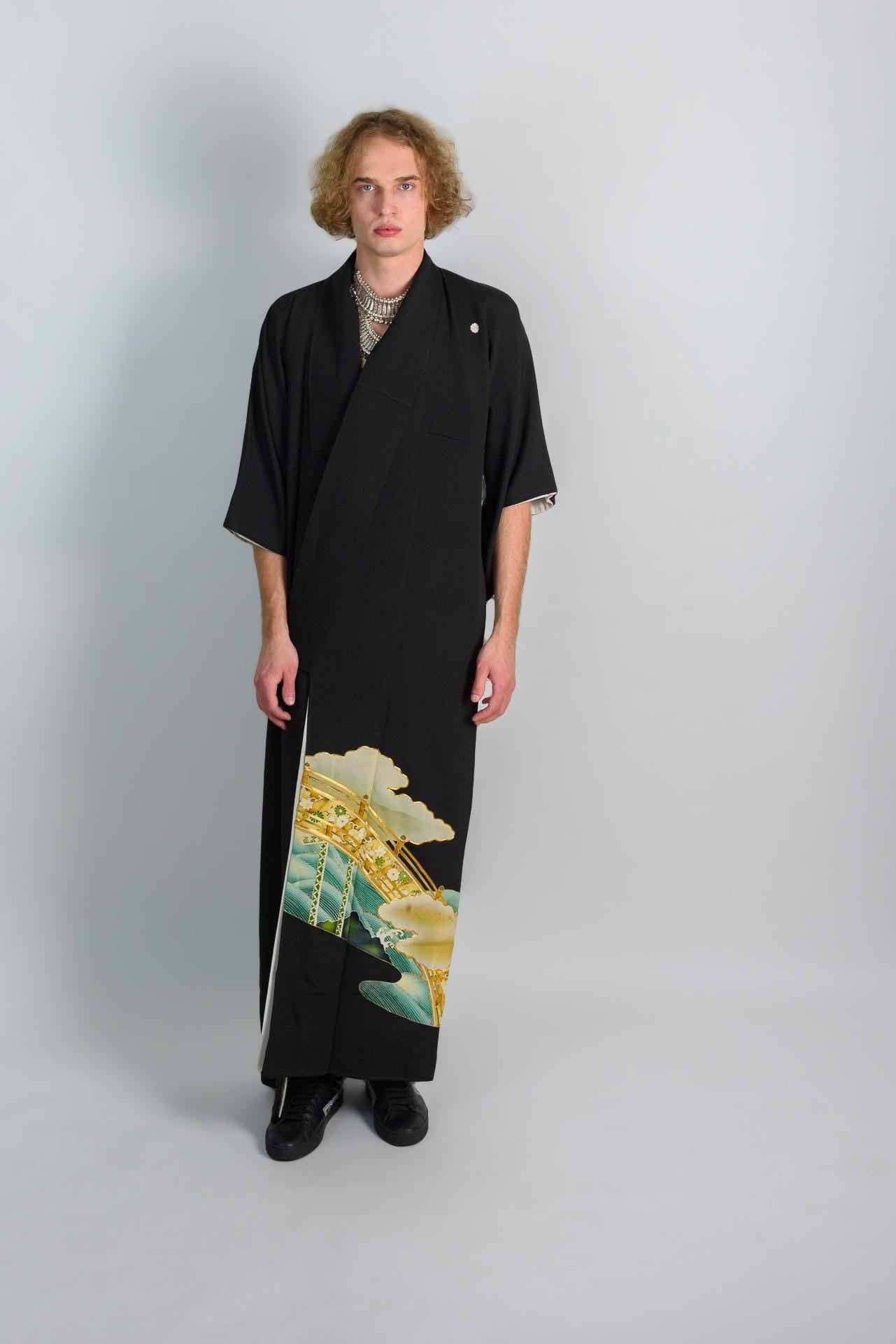 Handmade Japanese Kimono Robe: Celestial Bridge, Painted Landscape