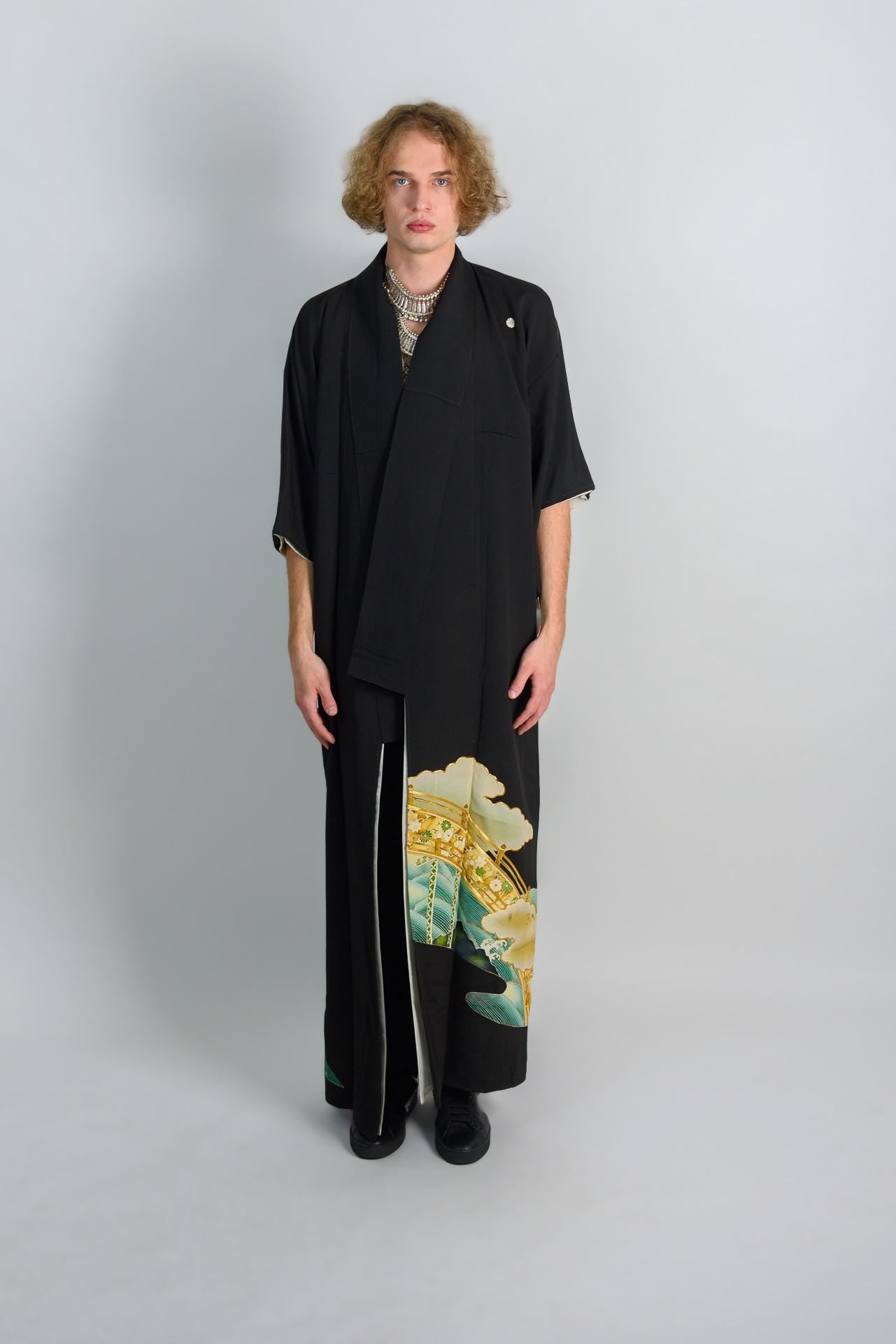 Handmade Japanese Kimono Robe: Celestial Bridge, Painted Landscape