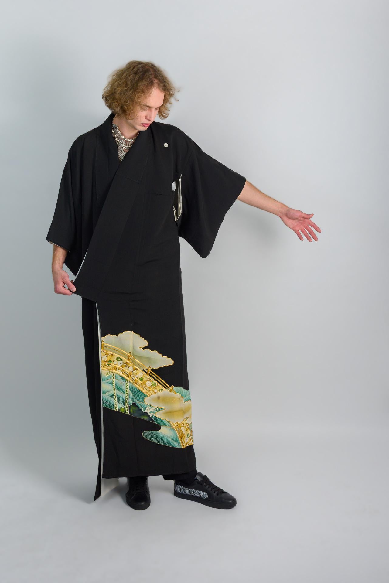 Handmade Japanese Kimono Robe: Celestial Bridge, Painted Landscape
