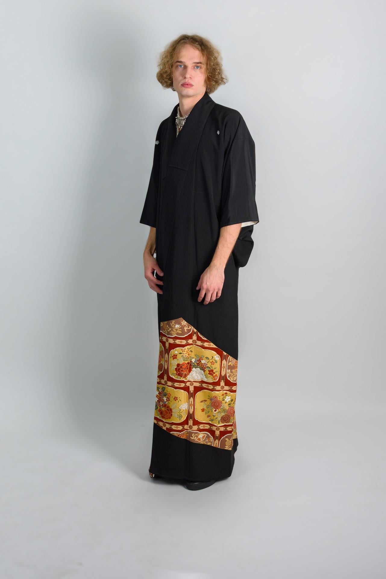 Mens Black Kimono Robe | Handmade Japanese Montsuki with Crests