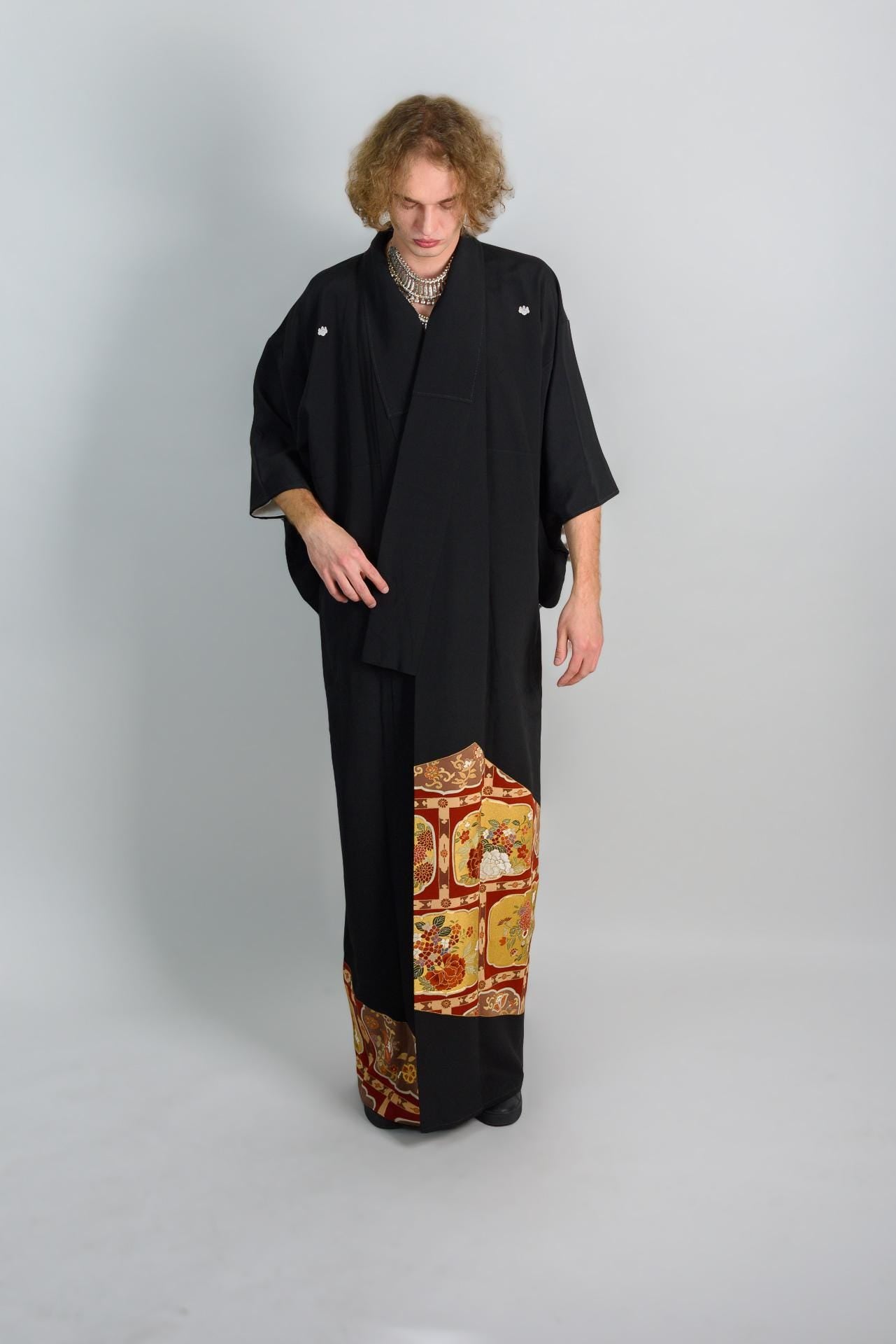 Mens Black Kimono Robe | Handmade Japanese Montsuki with Crests
