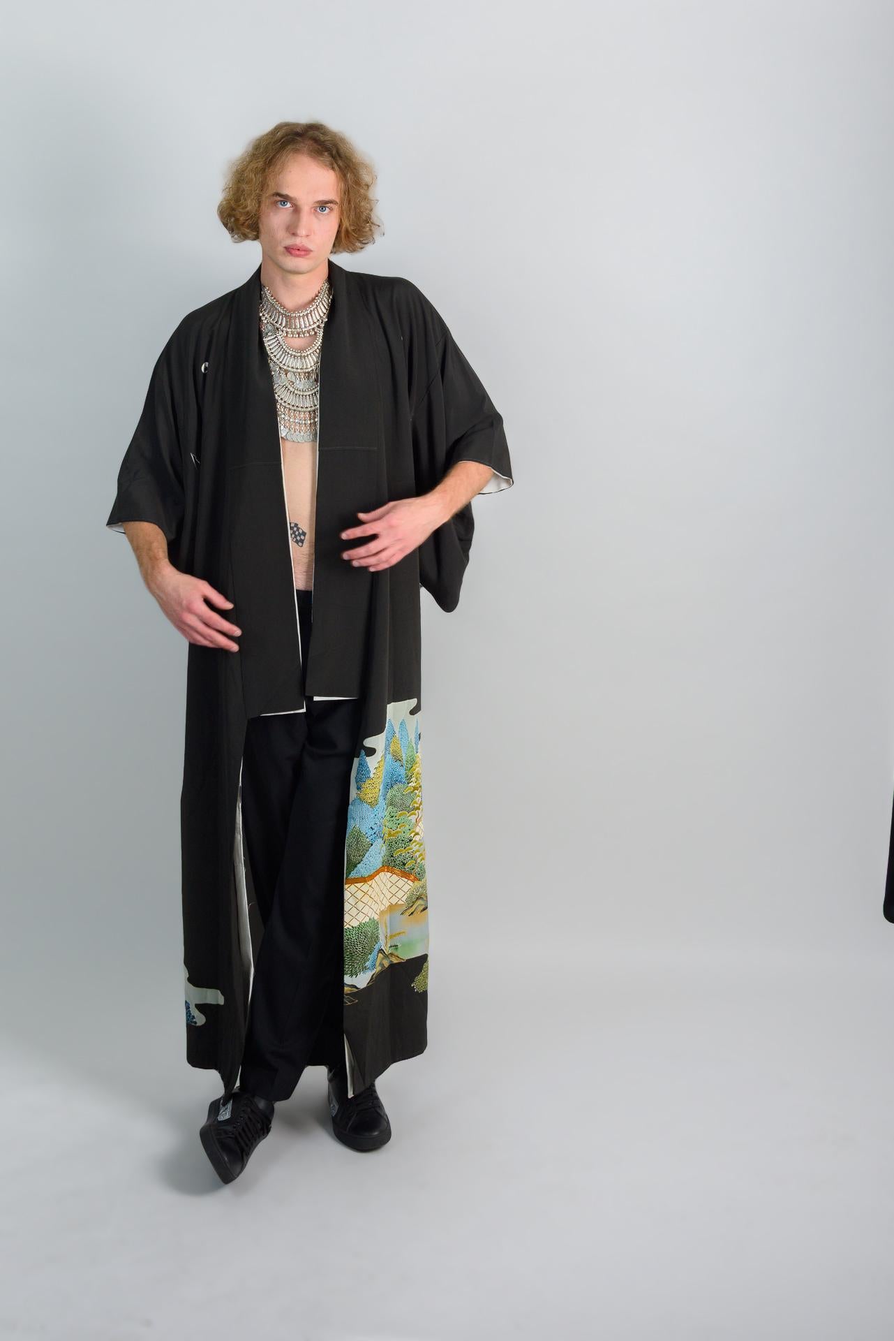 Handmade Mens Kimono | Japanese Mountainscape Robe