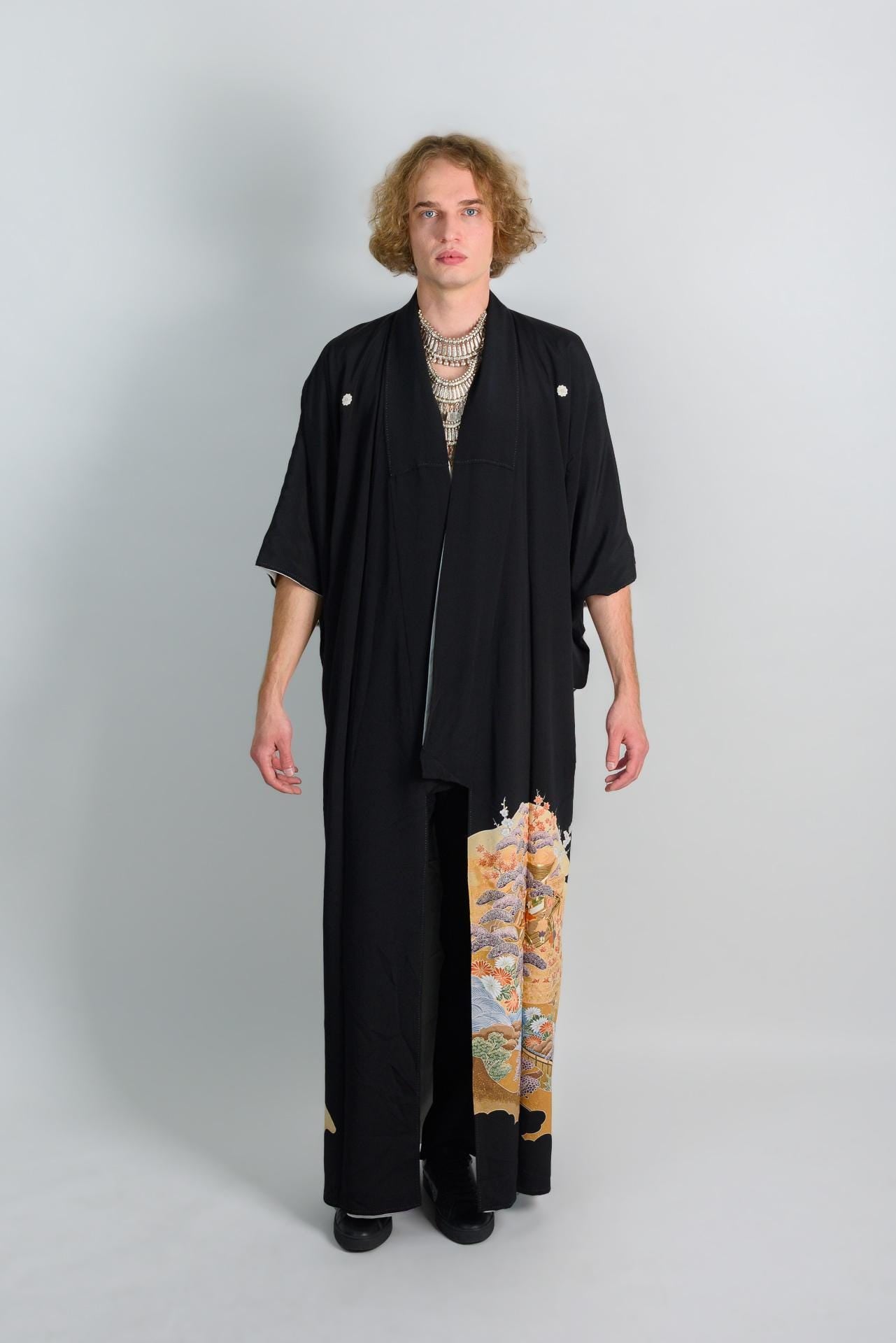 Handmade Japanese Kimono Robe: Painted Temple Landscape