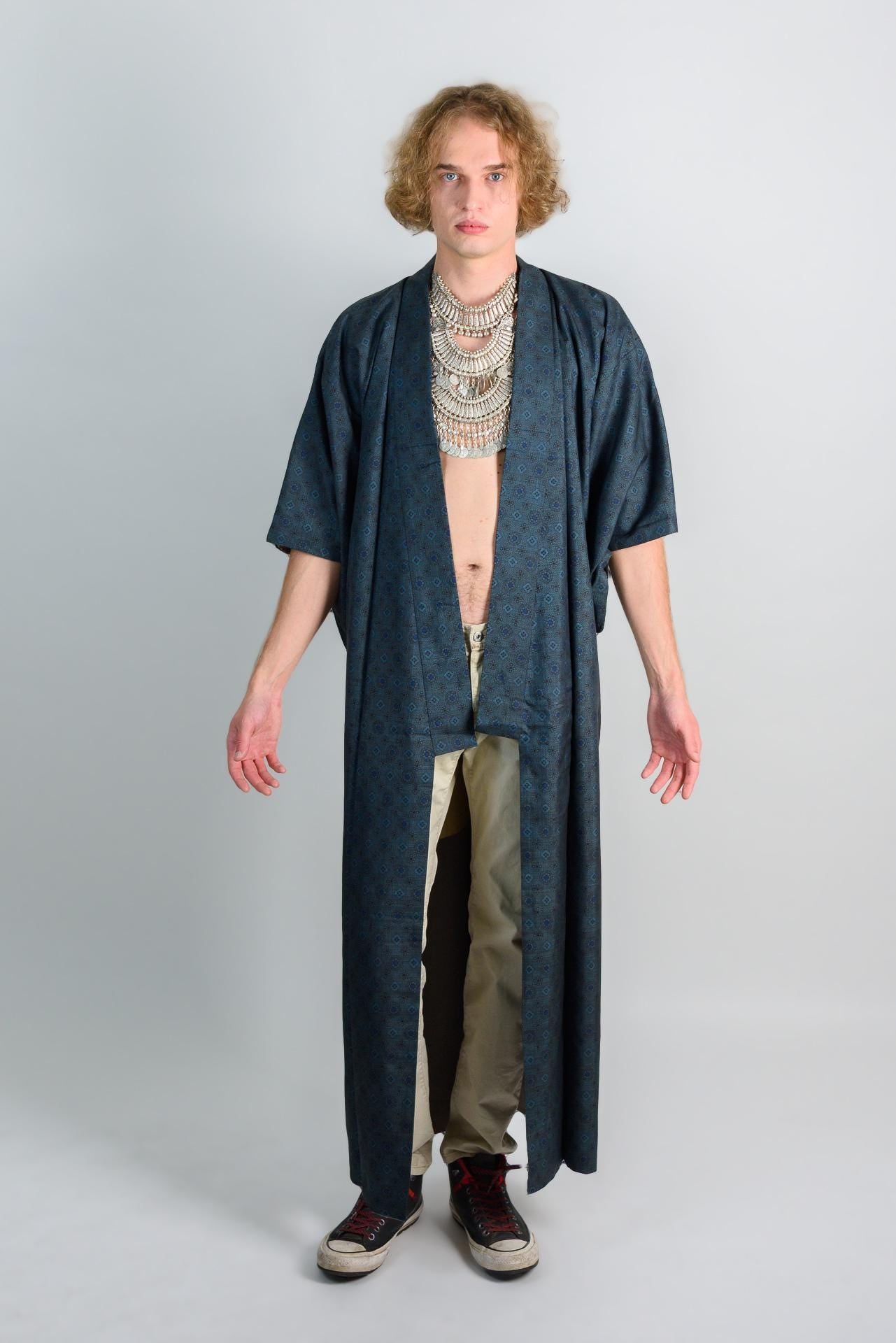 Indigo Blue Mens Kimono | Geometric Woven Boho Robe, Handmade in Japan