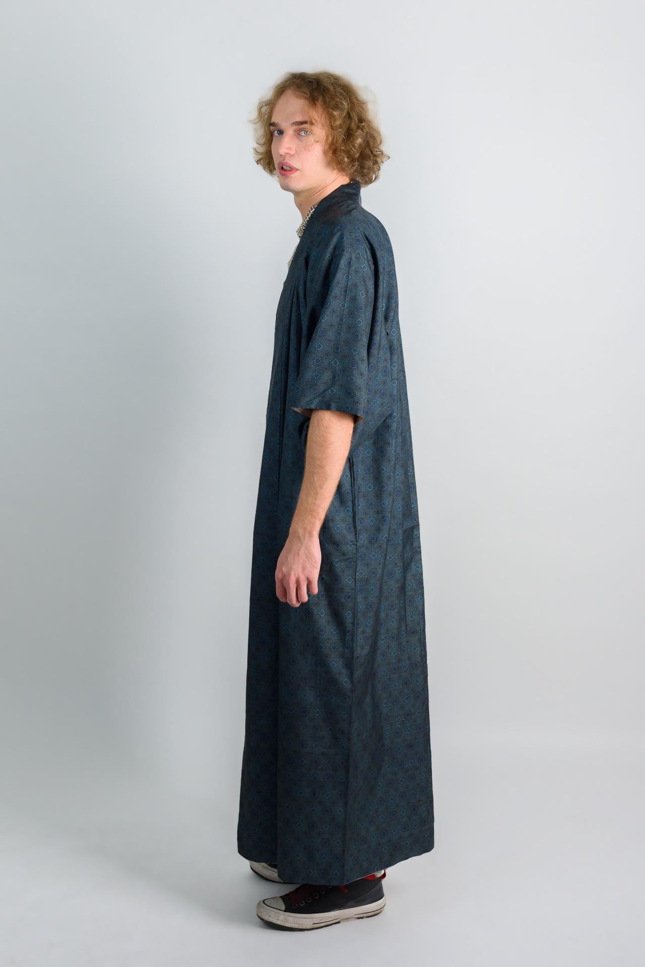 Indigo Blue Mens Kimono | Geometric Woven Boho Robe, Handmade in Japan