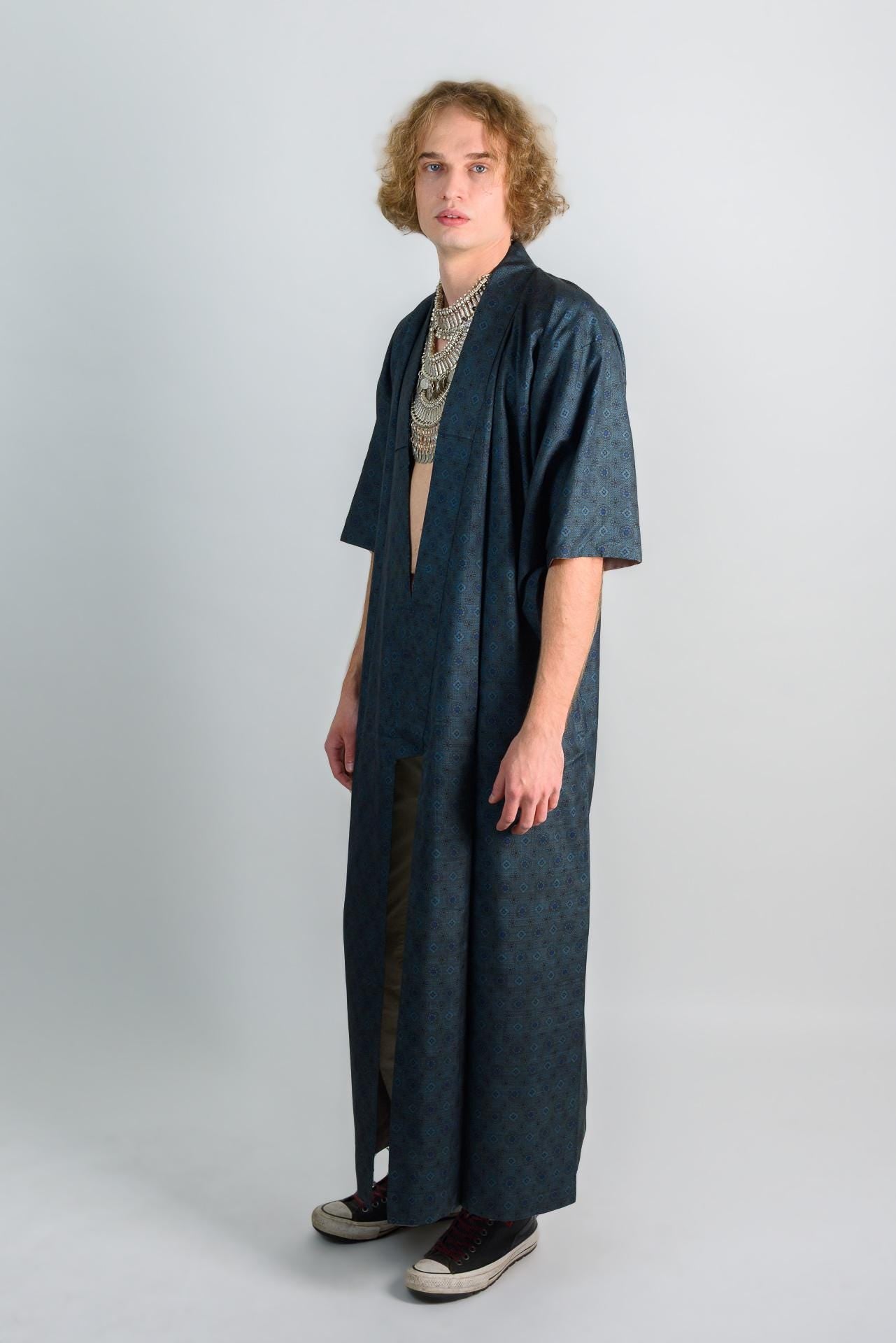 Indigo Blue Mens Kimono | Geometric Woven Boho Robe, Handmade in Japan