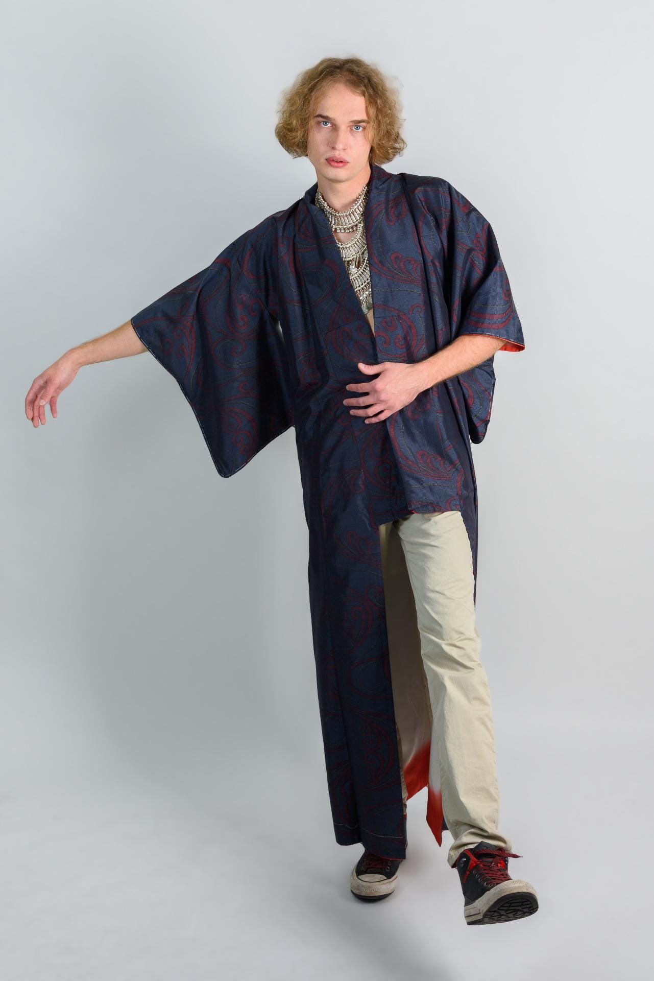 Handmade Japanese Kimono Robe: Navy Red Wave Print, Boho Festival Wear