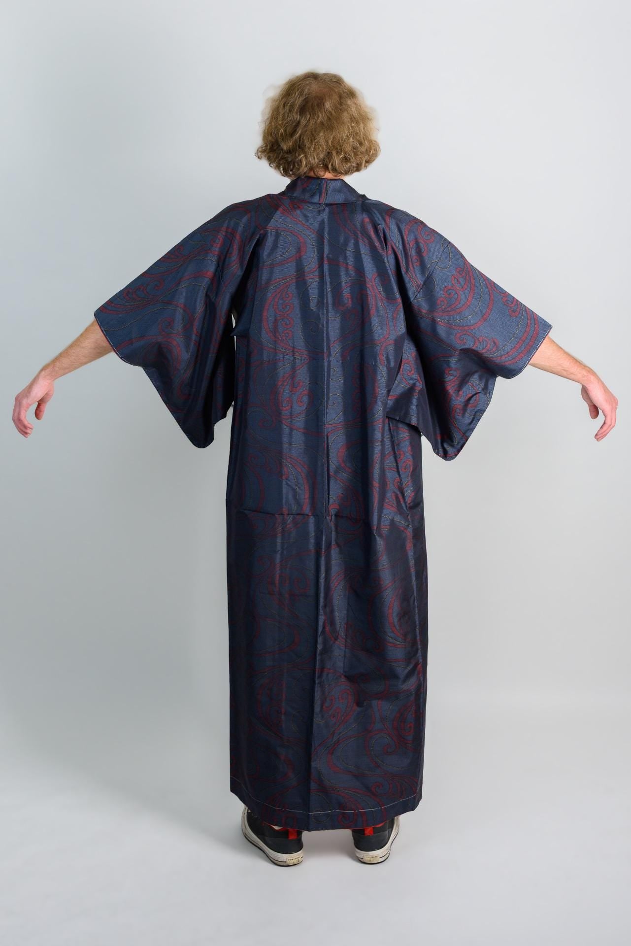 Handmade Japanese Kimono Robe: Navy Red Wave Print, Boho Festival Wear