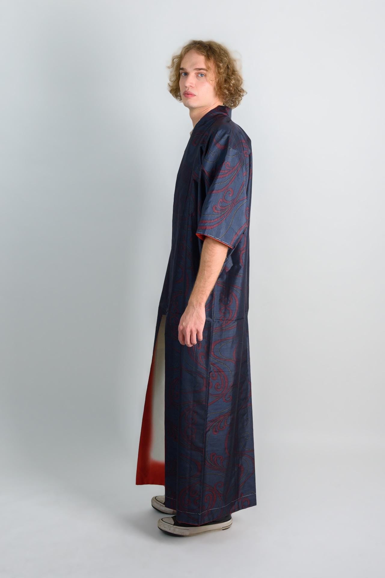 Handmade Japanese Kimono Robe: Navy Red Wave Print, Boho Festival Wear