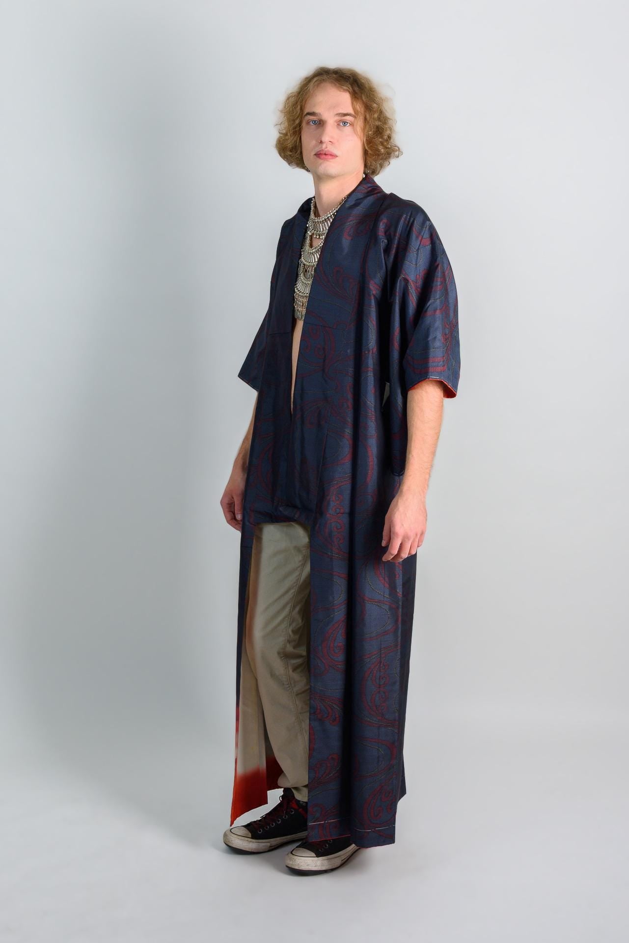 Handmade Japanese Kimono Robe: Navy Red Wave Print, Boho Festival Wear