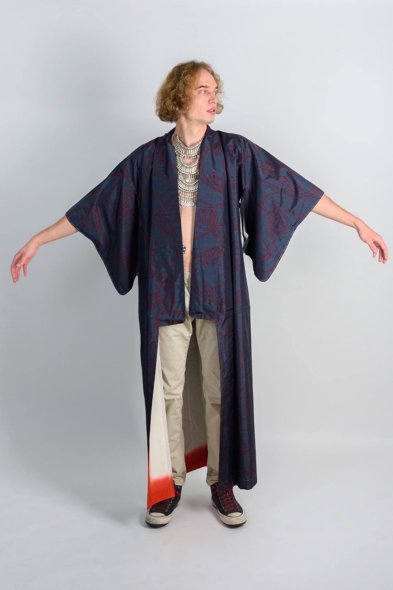 Handmade Japanese Kimono Robe: Navy Red Wave Print, Boho Festival Wear